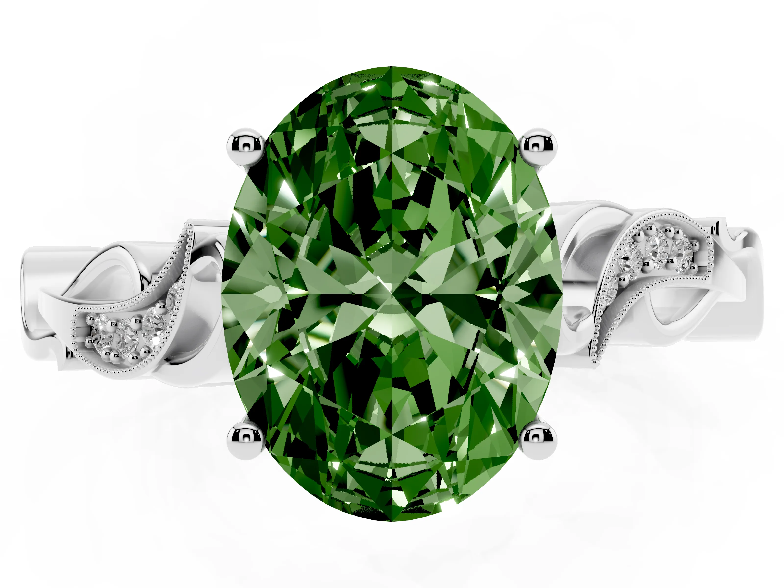Fancy Green Oval Cut Diamond Vine Band Solitaire Ring Set in Silver with Milgrain Prong Setting