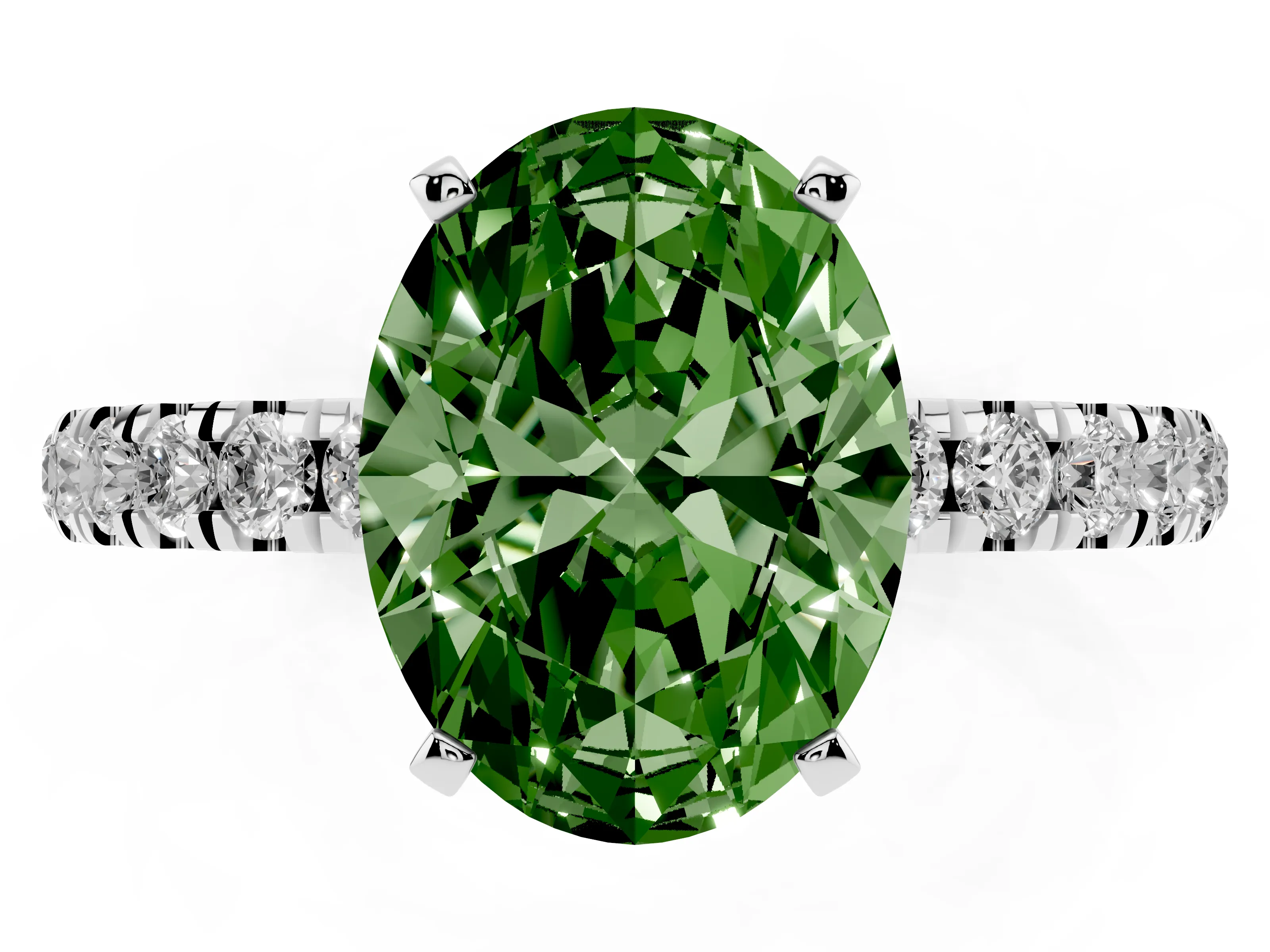 Fancy Green Oval Cut Diamond Solitaire Ring Set in Platinum with Pavé Accents and Prong Setting