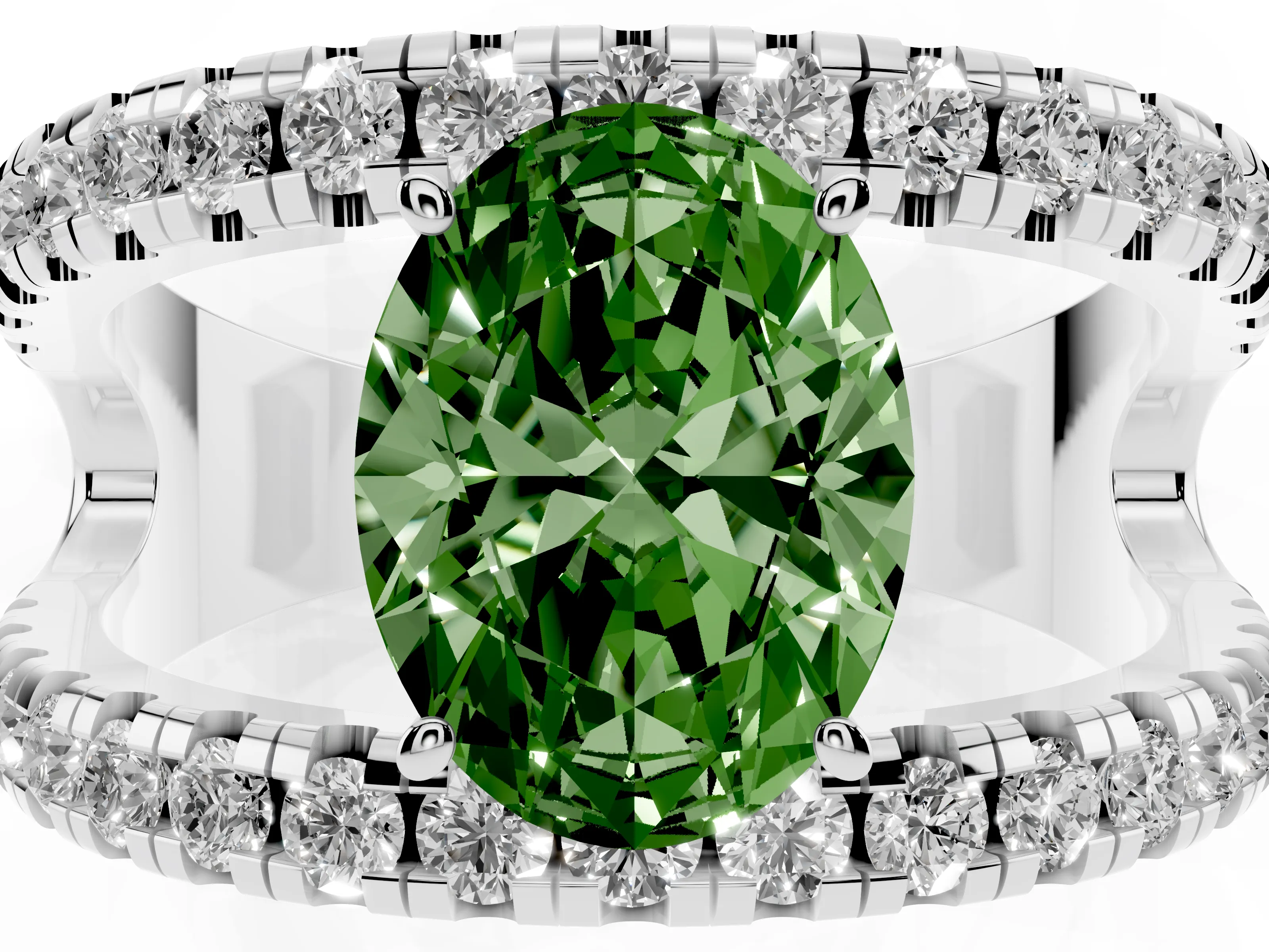 Fancy Green Oval Cut Diamond Split Shank Pavé Solitaire Ring Set in Platinum with Open Shank Design
