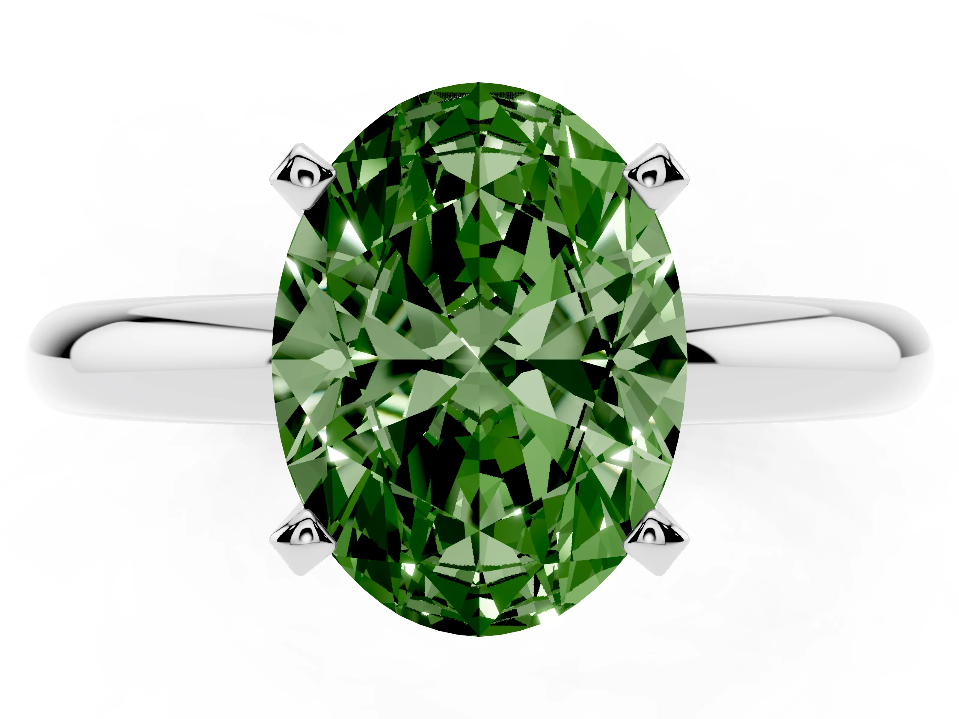 Fancy Green Oval Cut Diamond Solitaire Engagement Ring Set in White gold with Round Band and Prong Setting