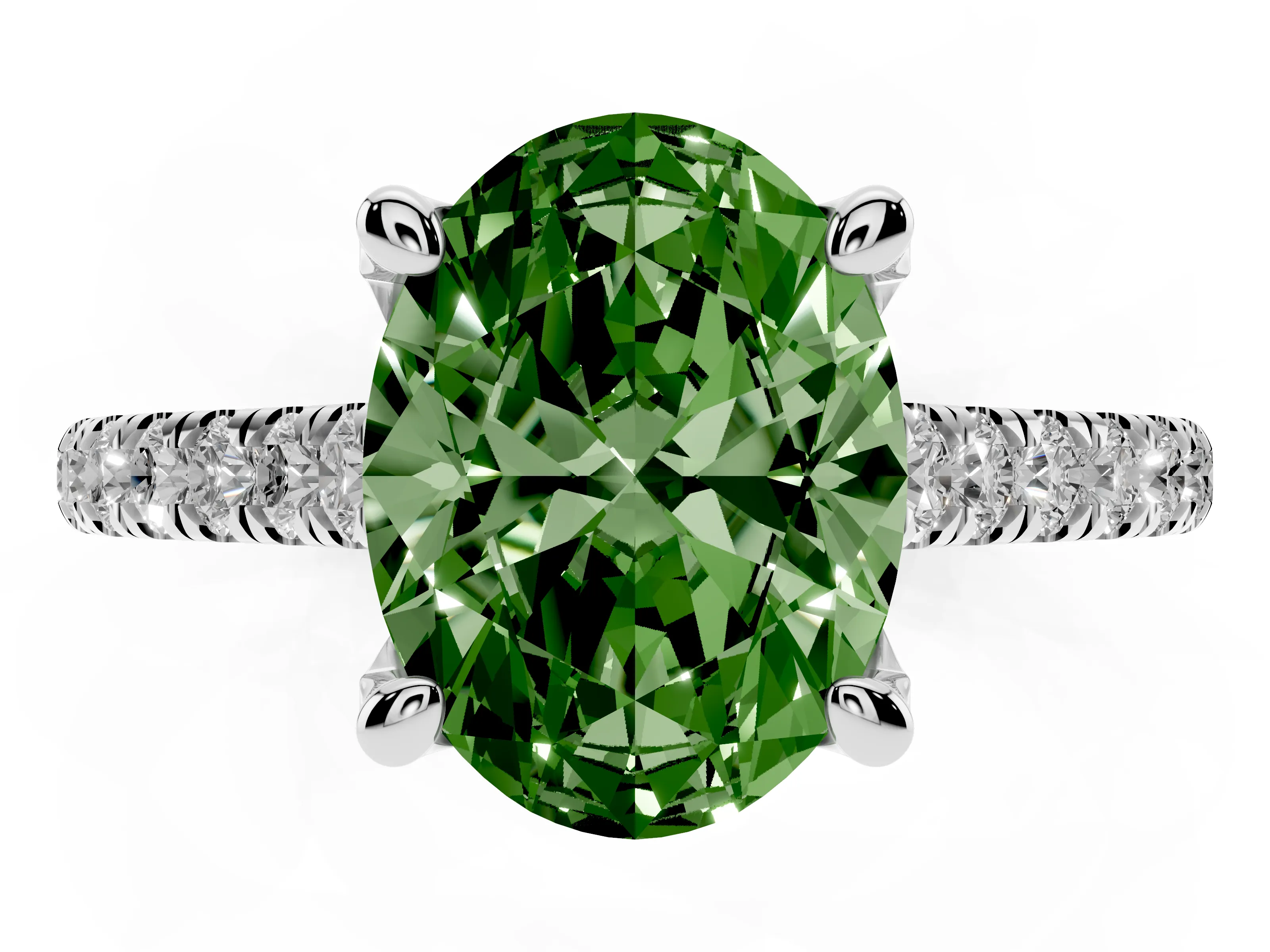 Fancy Green Oval Cut Diamond Solitaire Ring Set in Silver with Brilliant Pavé Band and Prong Setting