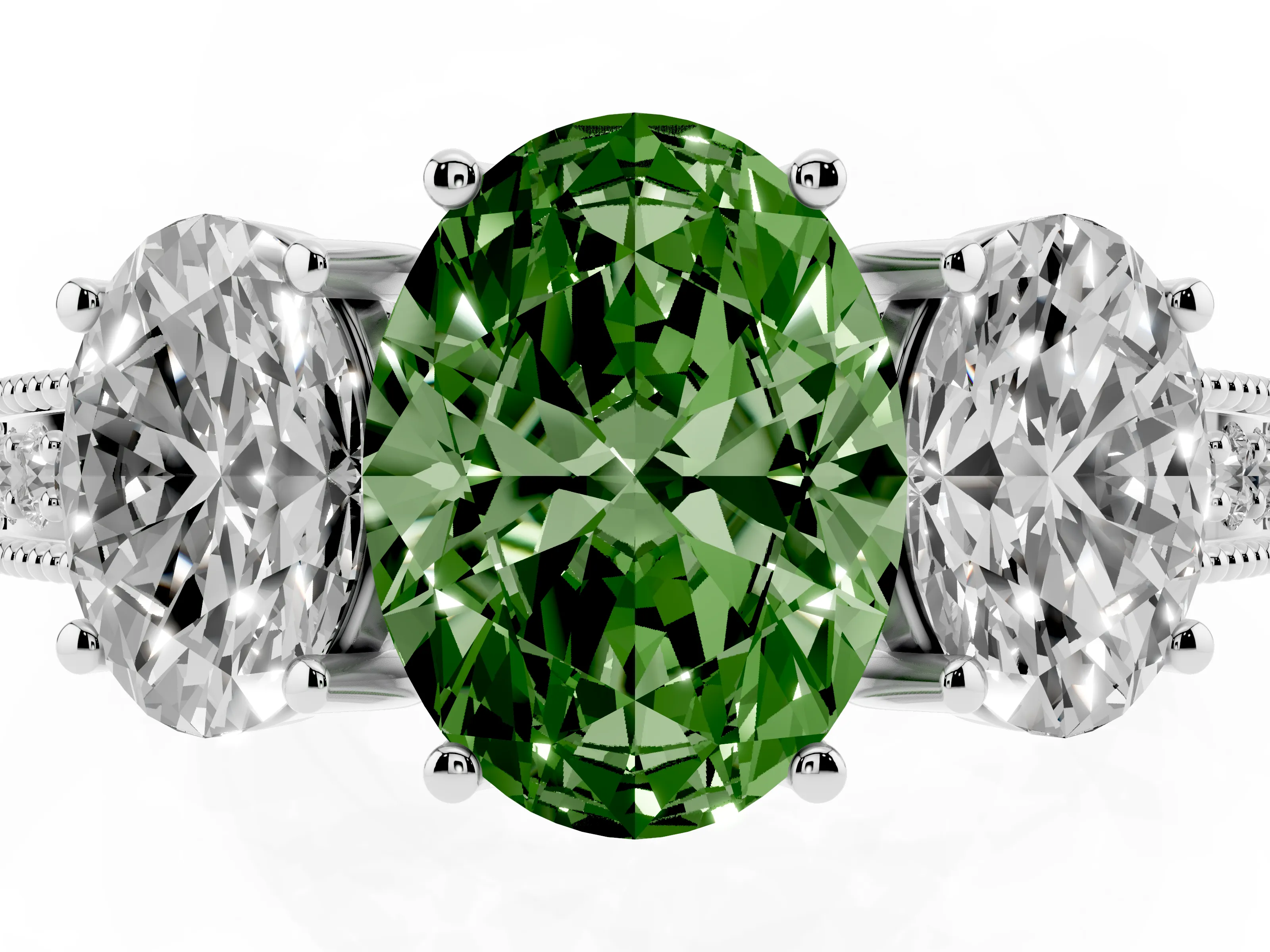 Fancy Green Oval Cut Diamond Three-Stone Engagement Ring Set in Silver with Milgrain Pavé Band