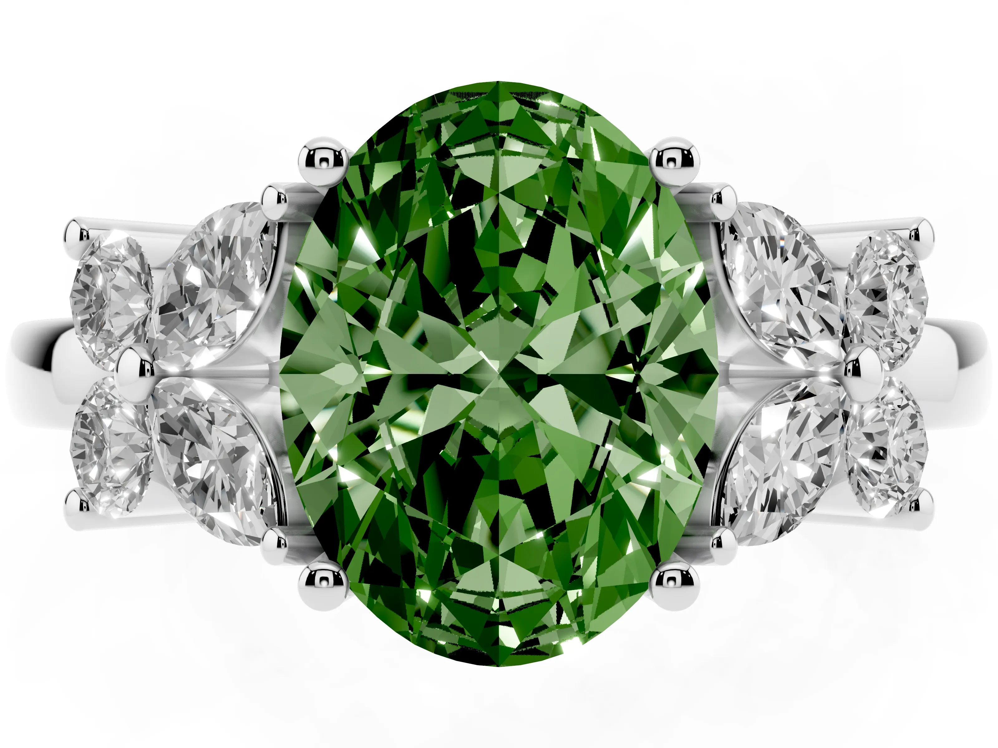 Fancy Green Oval Cut Diamond Floral Cluster Ring Set in Platinum with Marquise Petals and Prong Setting