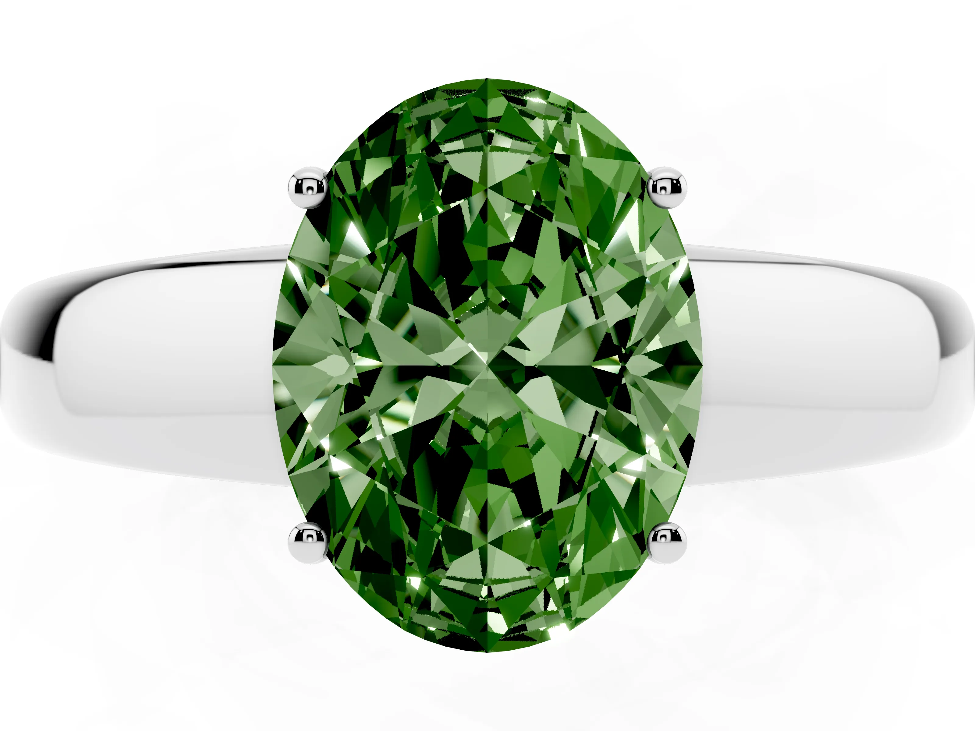 Fancy Green Oval Cut Diamond Solitaire Ring Set in Platinum with Tapered Band and Prong Setting