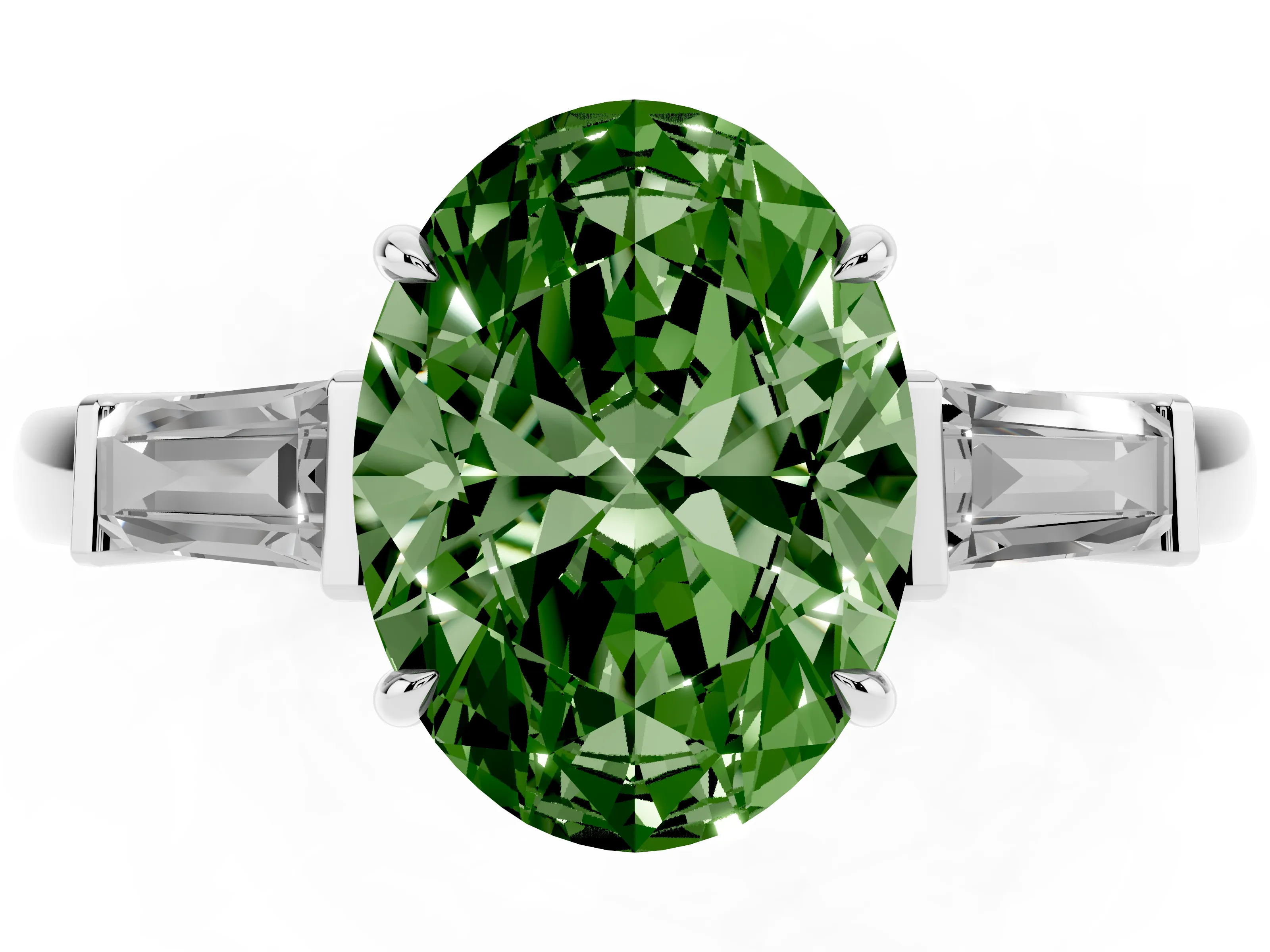 Fancy Green Oval Cut Diamond Three-Stone Ring Set in White gold with Tapered Baguette Side Stones and Prong Setting