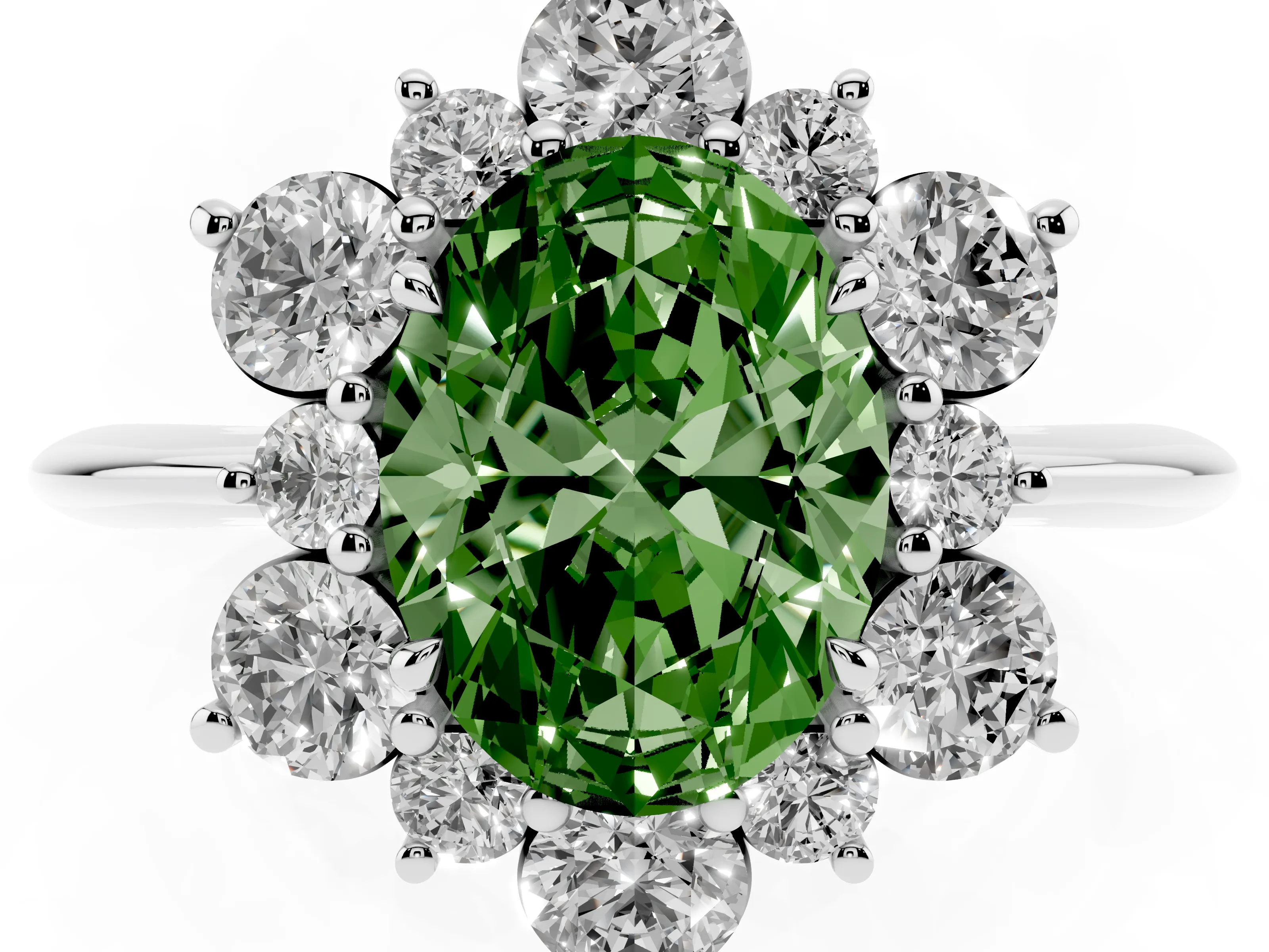 Fancy Green Oval Cut Diamond Cluster Halo Ring Set in Silver with Solitaire Band and Prong Setting