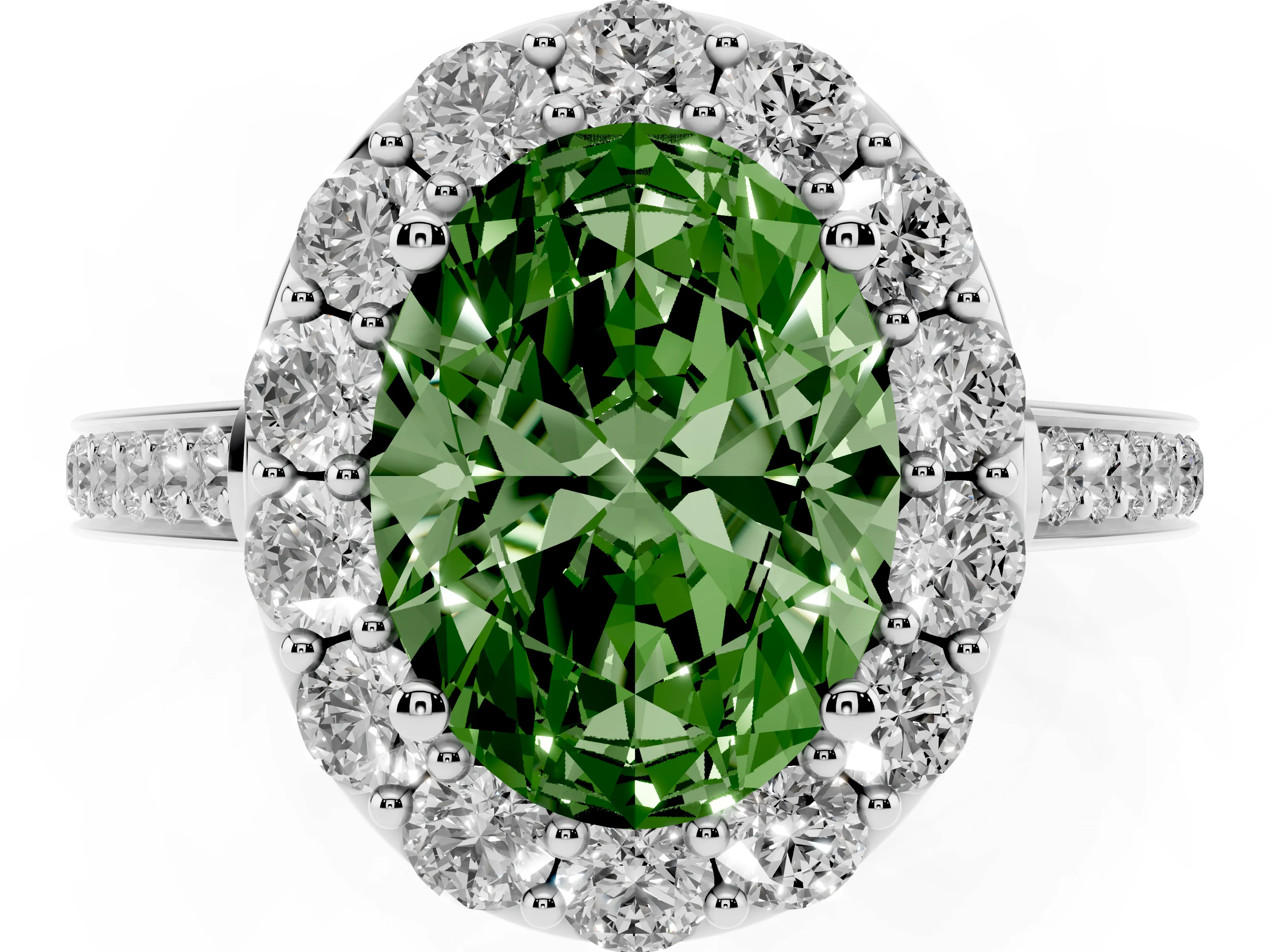 Fancy Green Oval Cut Diamond Floral Halo Ring Set in White gold with Pavé Band and Prong Setting