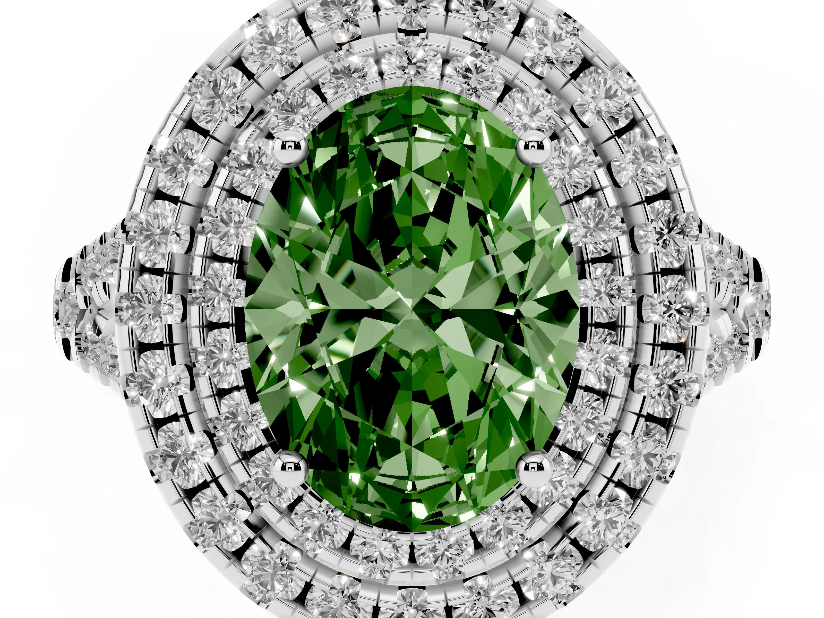 Fancy Green Oval Cut Diamond Double Halo Ring Set in White gold with Pavé Split Shank and Prong Setting