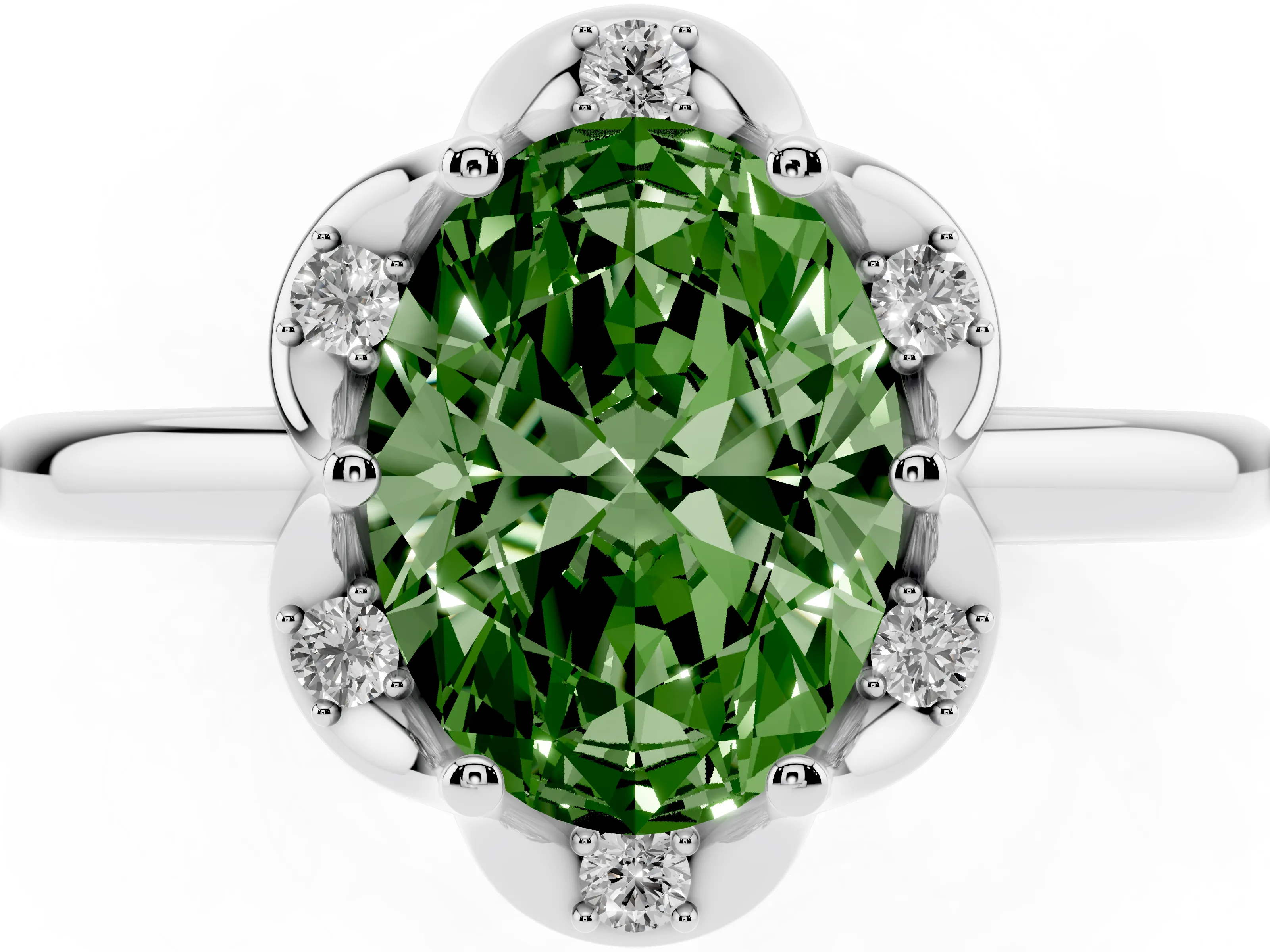 Fancy Green Oval Cut Diamond Round Cluster Halo Ring Set in Platinum with Solitaire Band and Prong Setting