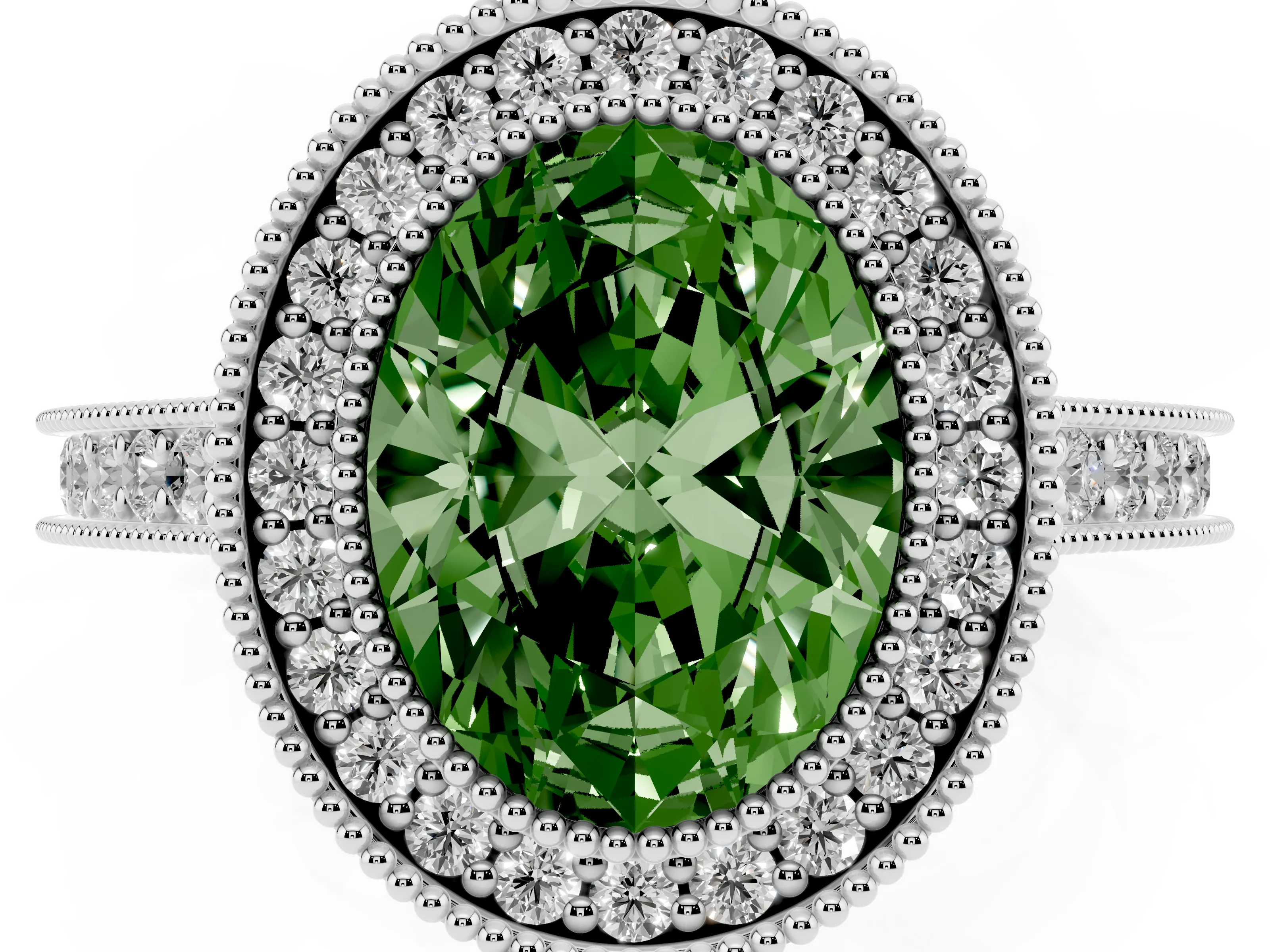 Fancy Green Oval Cut Diamond Halo Milgrain Pavé Band Ring Set in Silver with Prong Setting