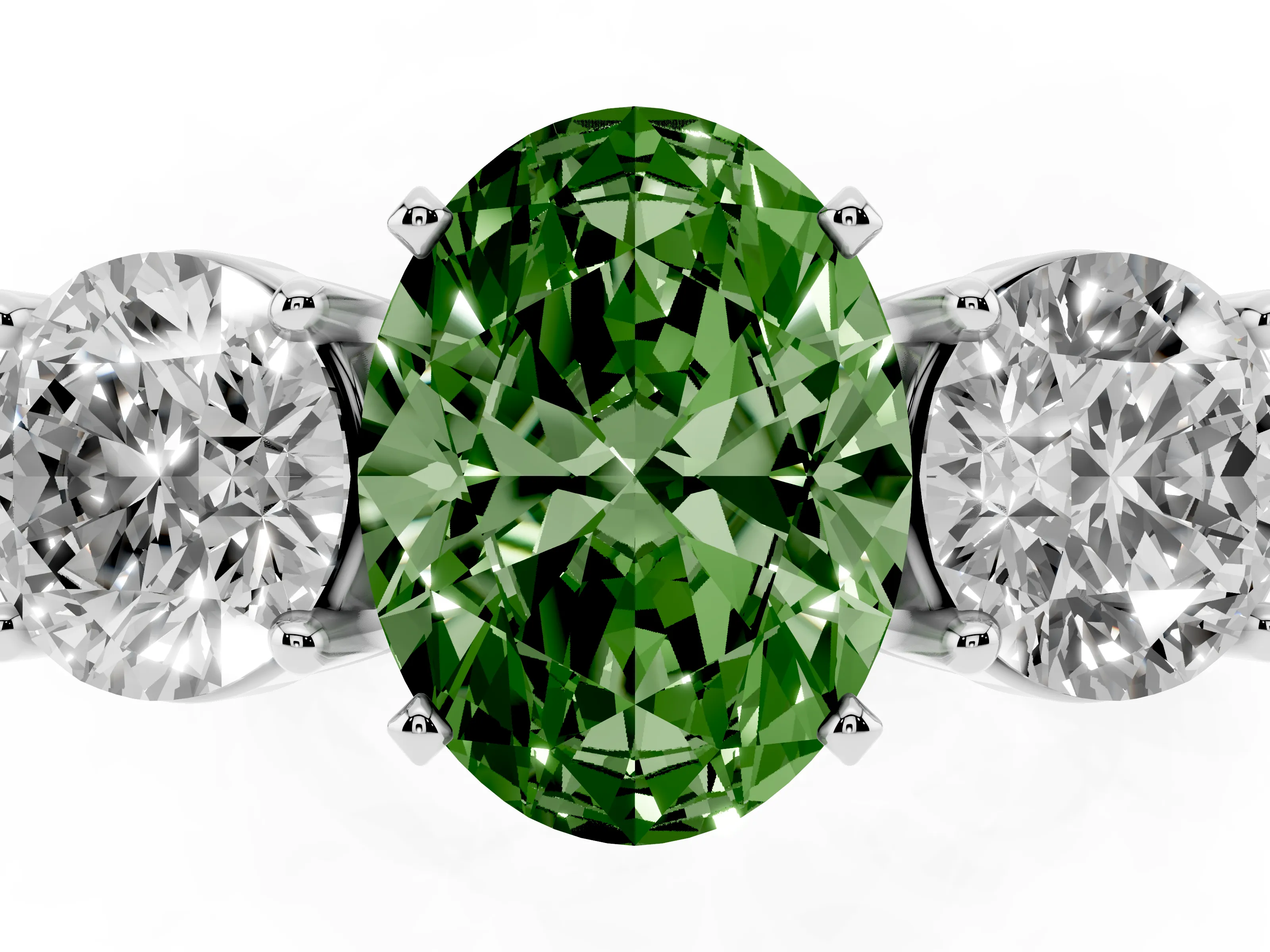 Fancy Green Oval Cut Diamond Three-Stone Ring Set in Platinum with Round Side Stones and Classic Band