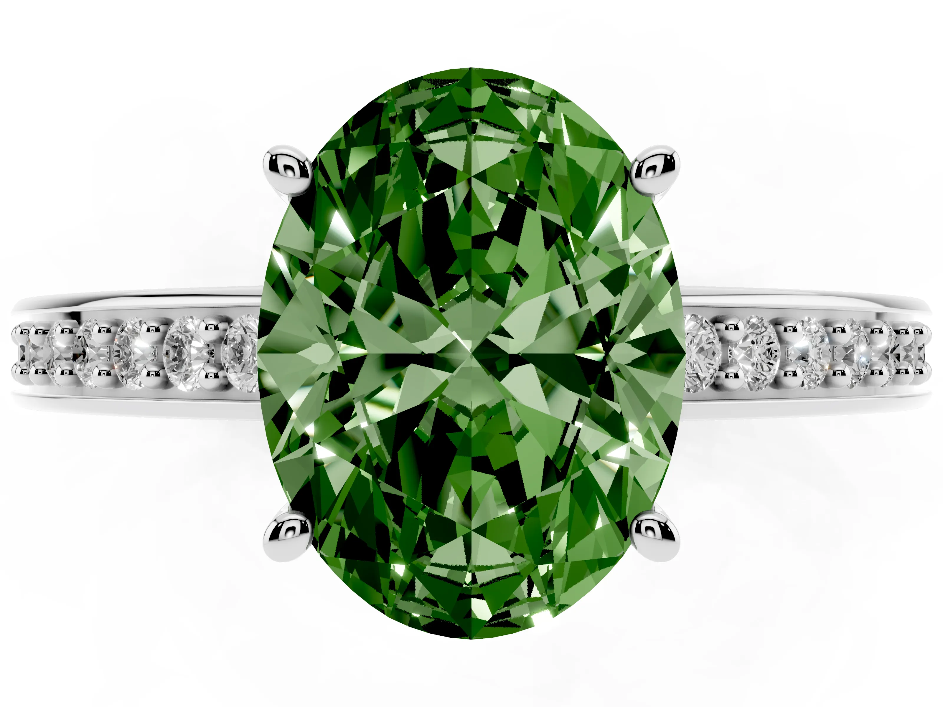 Fancy Green Oval Cut Diamond Pavé Band Prong Set Solitaire Ring Set in Platinum