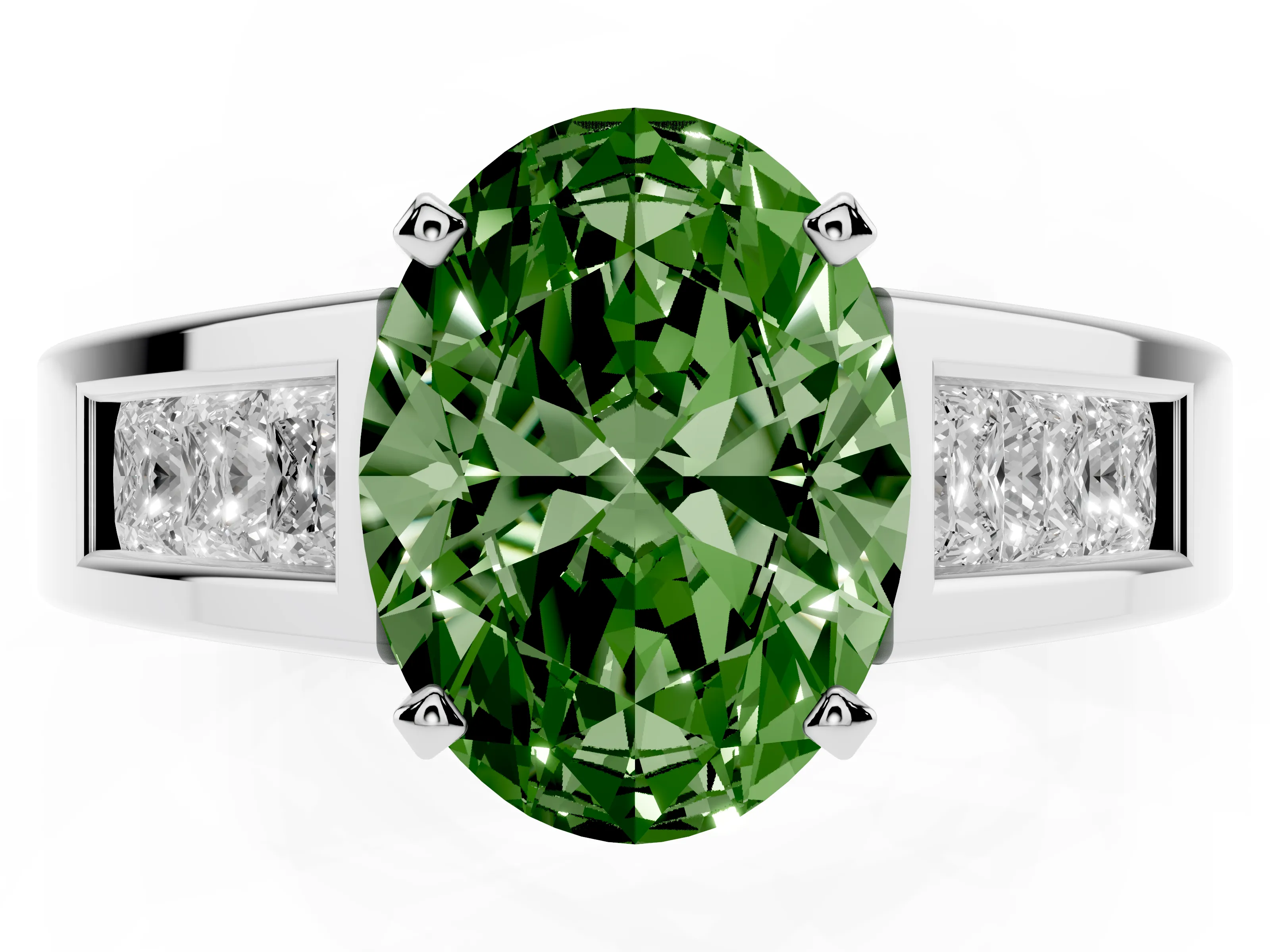Fancy Green Oval Cut Diamond Solitaire Ring Set in Silver with Channel-Set Accent Stones and Prong Setting