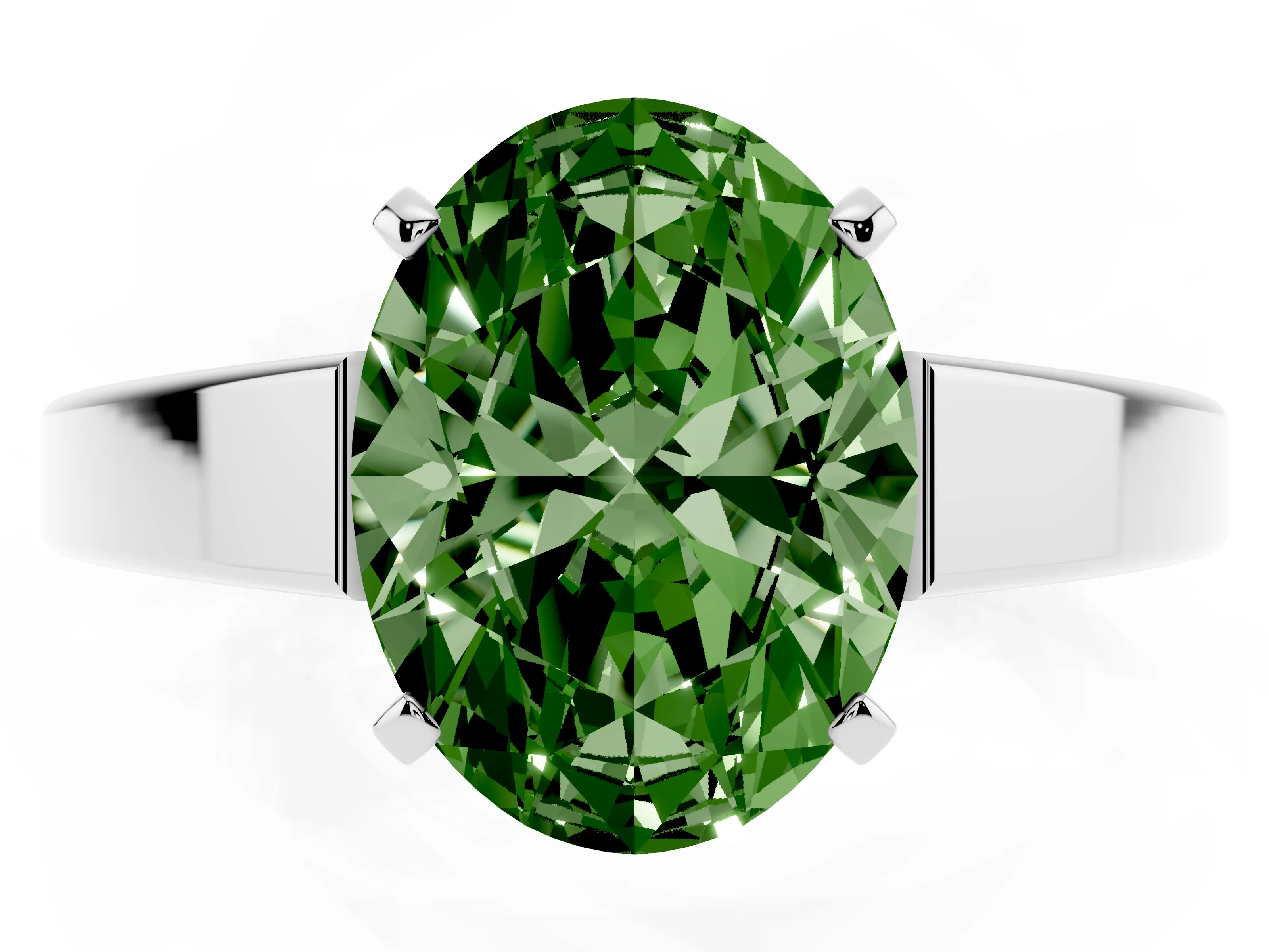 Fancy Green Oval Cut Diamond Solitaire Engagement Ring Set in White gold with Prong Setting and Tapered Band