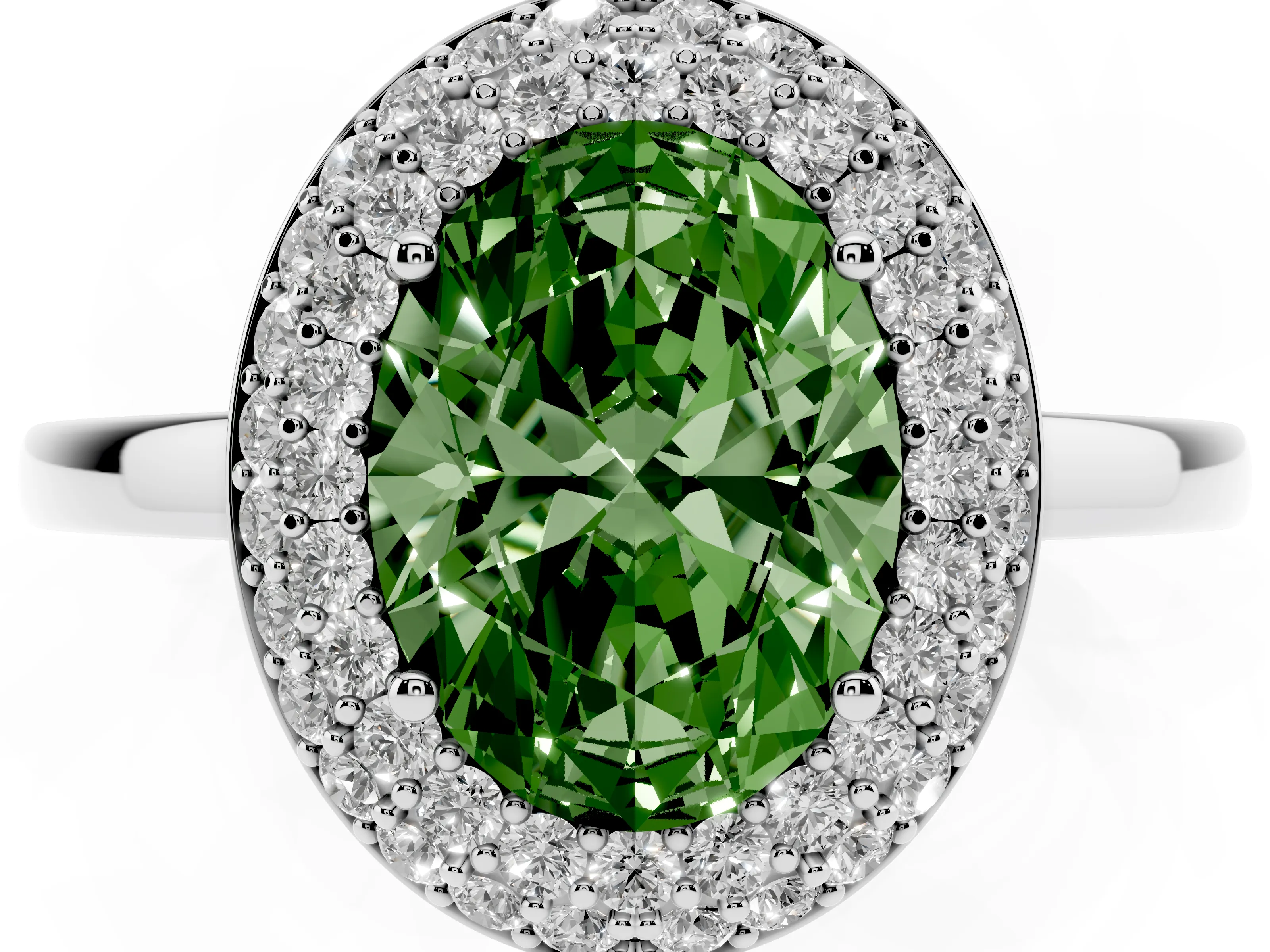 Fancy Green Oval Cut Diamond Halo Engagement Ring Set in Silver with Solitaire Band and Prong Setting