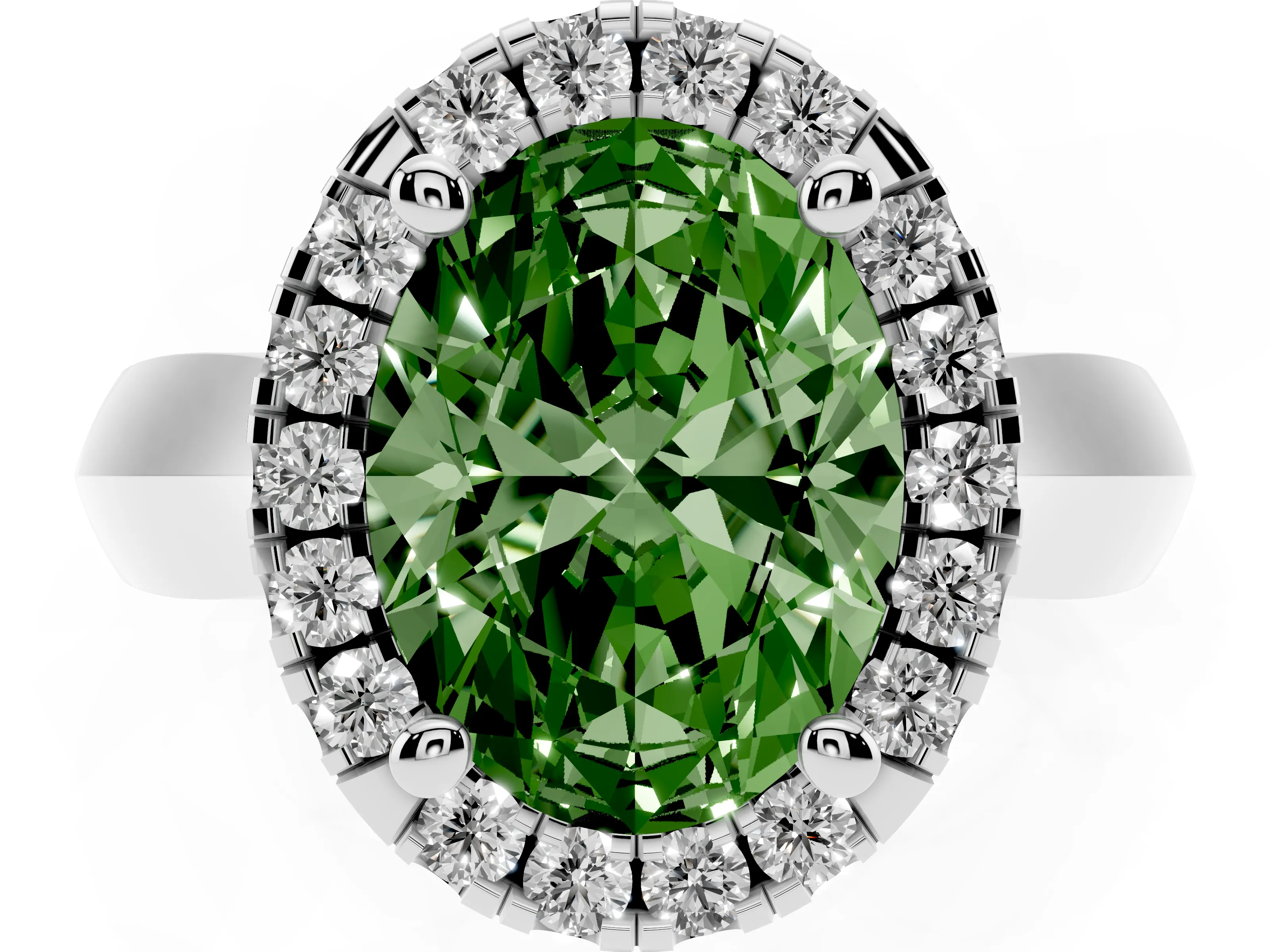 Fancy Green Oval Cut Diamond Halo Solitaire Engagement Ring Set in Silver with Square Band and Prong Setting