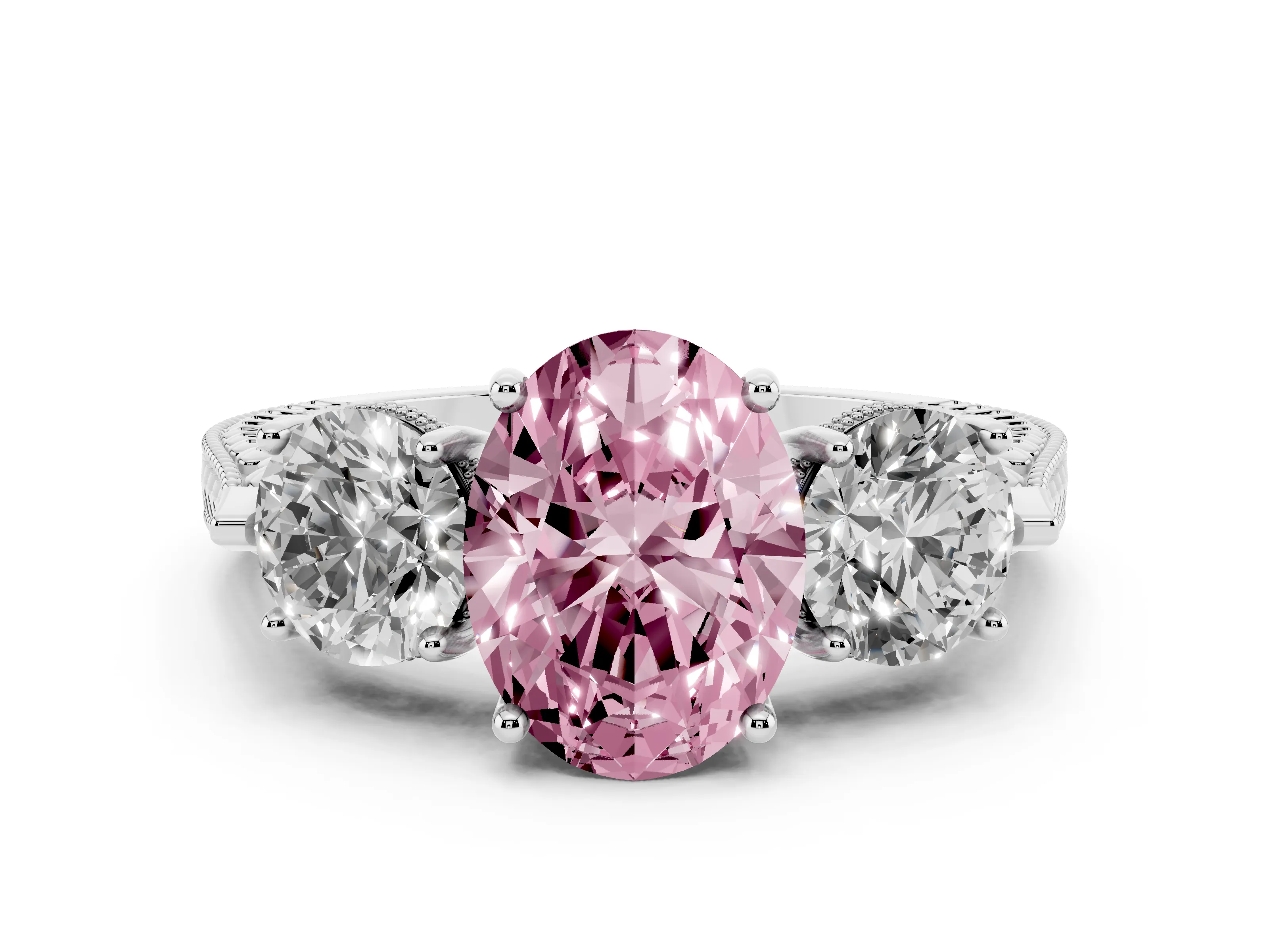 Fancy Pink Oval Cut Diamond Three-Stone Ring Set in Platinum with Milgrain Band