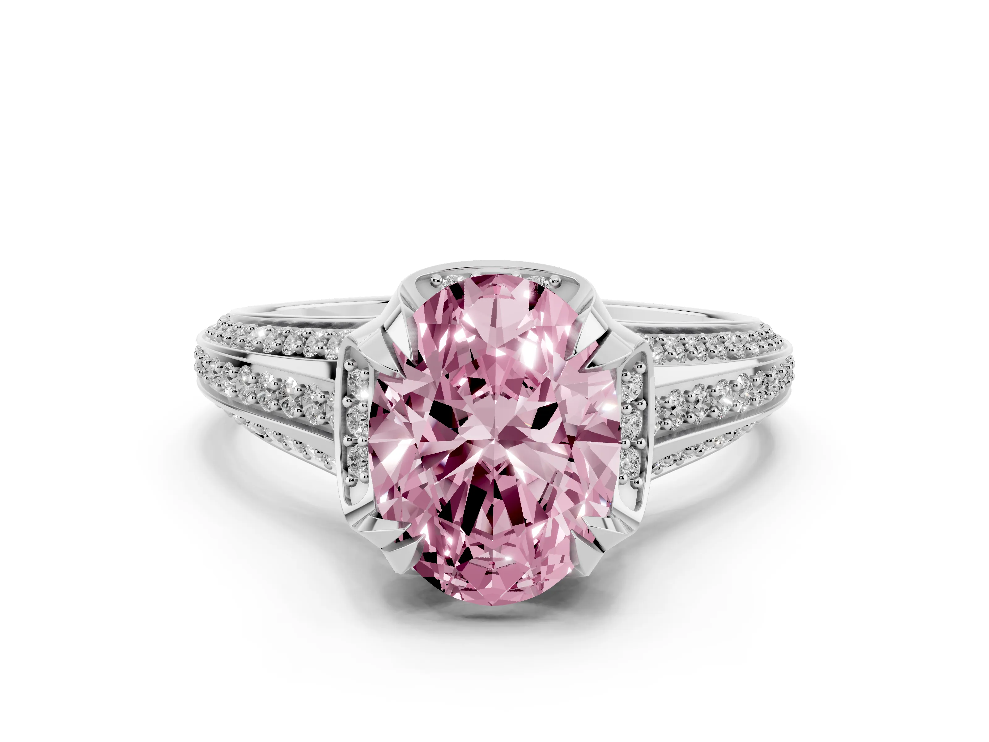 Fancy Pink Oval Cut Diamond Pavé Split Shank Solitaire Ring Set in Platinum with Prong Setting