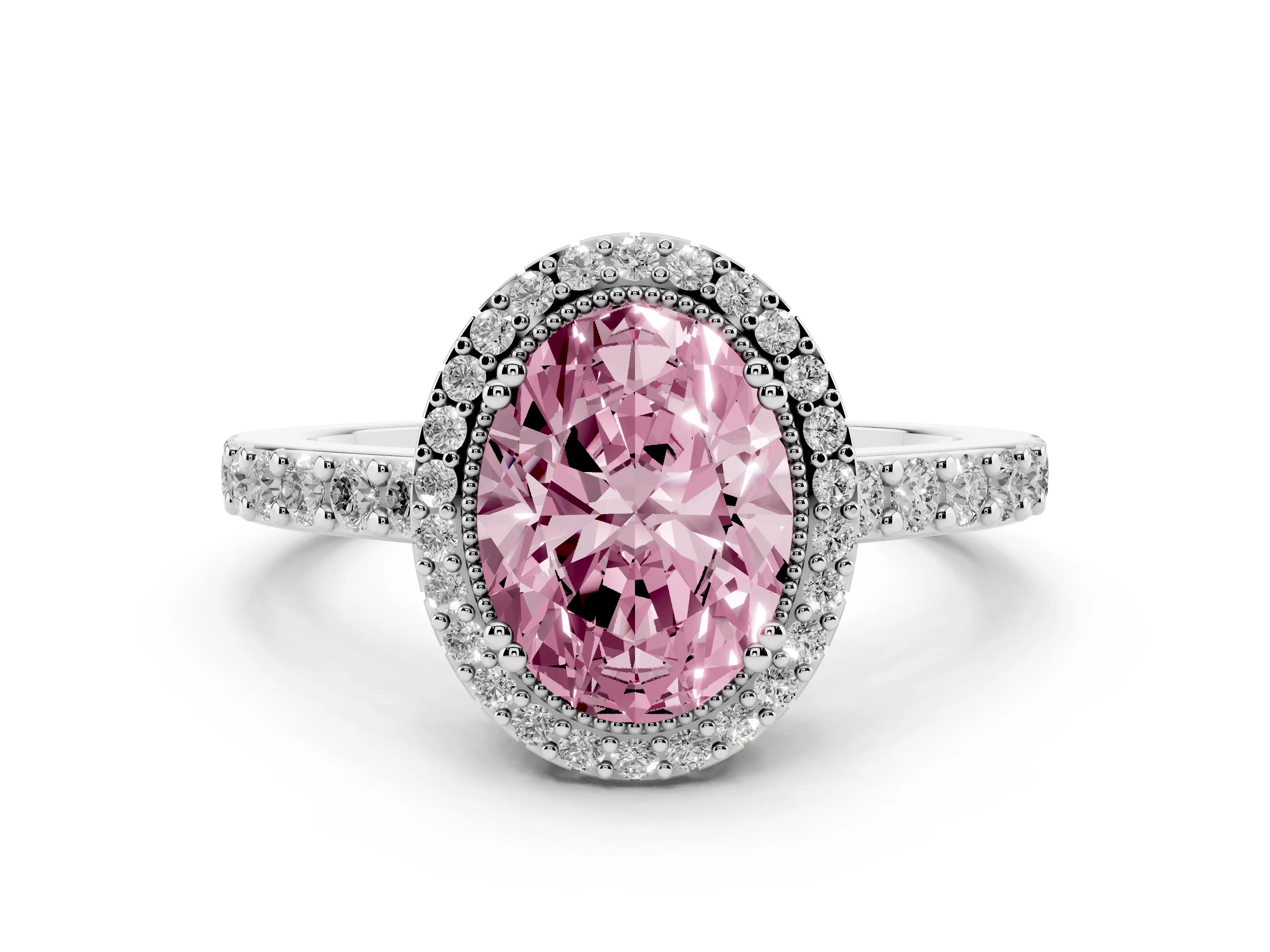 Fancy Pink Oval Cut Diamond Halo Engagement Ring Set in Platinum with Milgrain Detail and Pavé Band