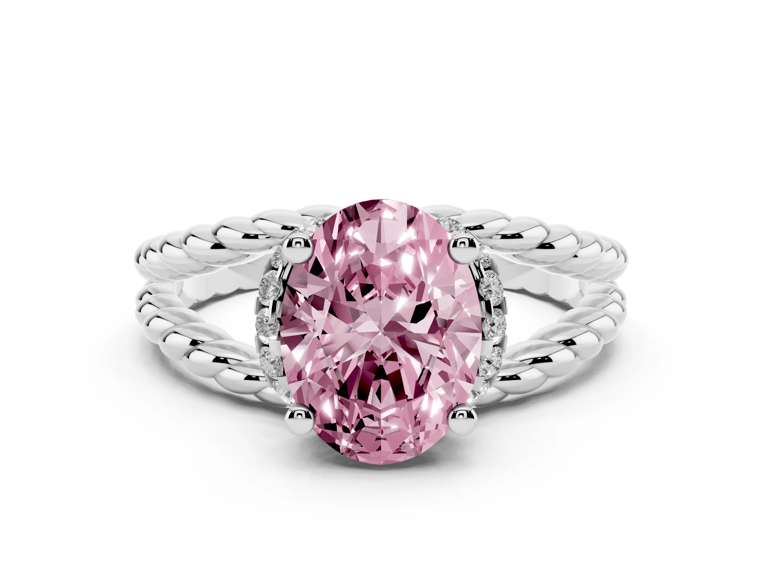 Fancy Pink Oval Cut Diamond Halo Ring Set in Platinum with Twisted Band and Prong Setting