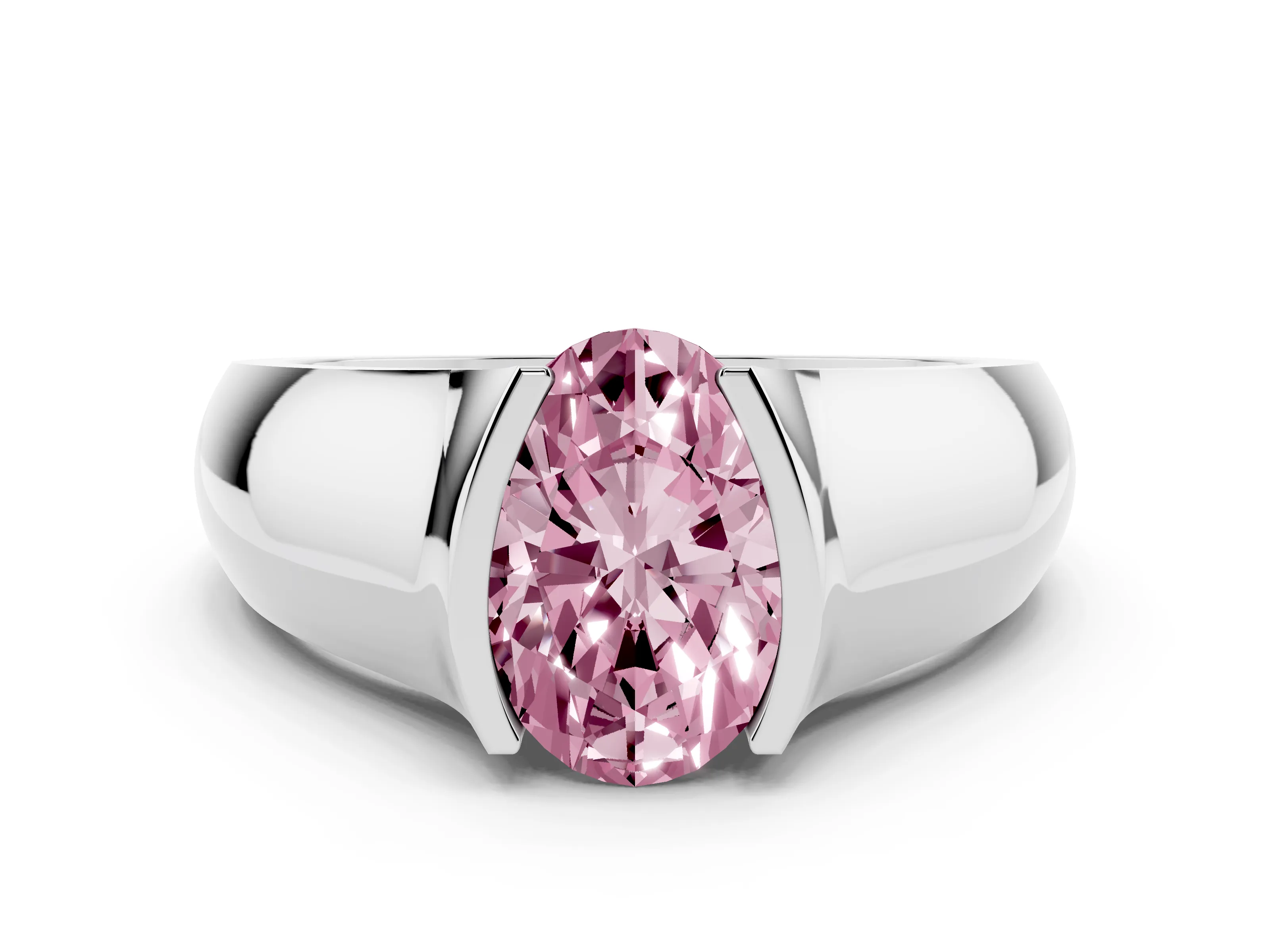 Fancy Pink Oval Cut Diamond Bezel Solitaire Ring Set in White gold with Wide Band