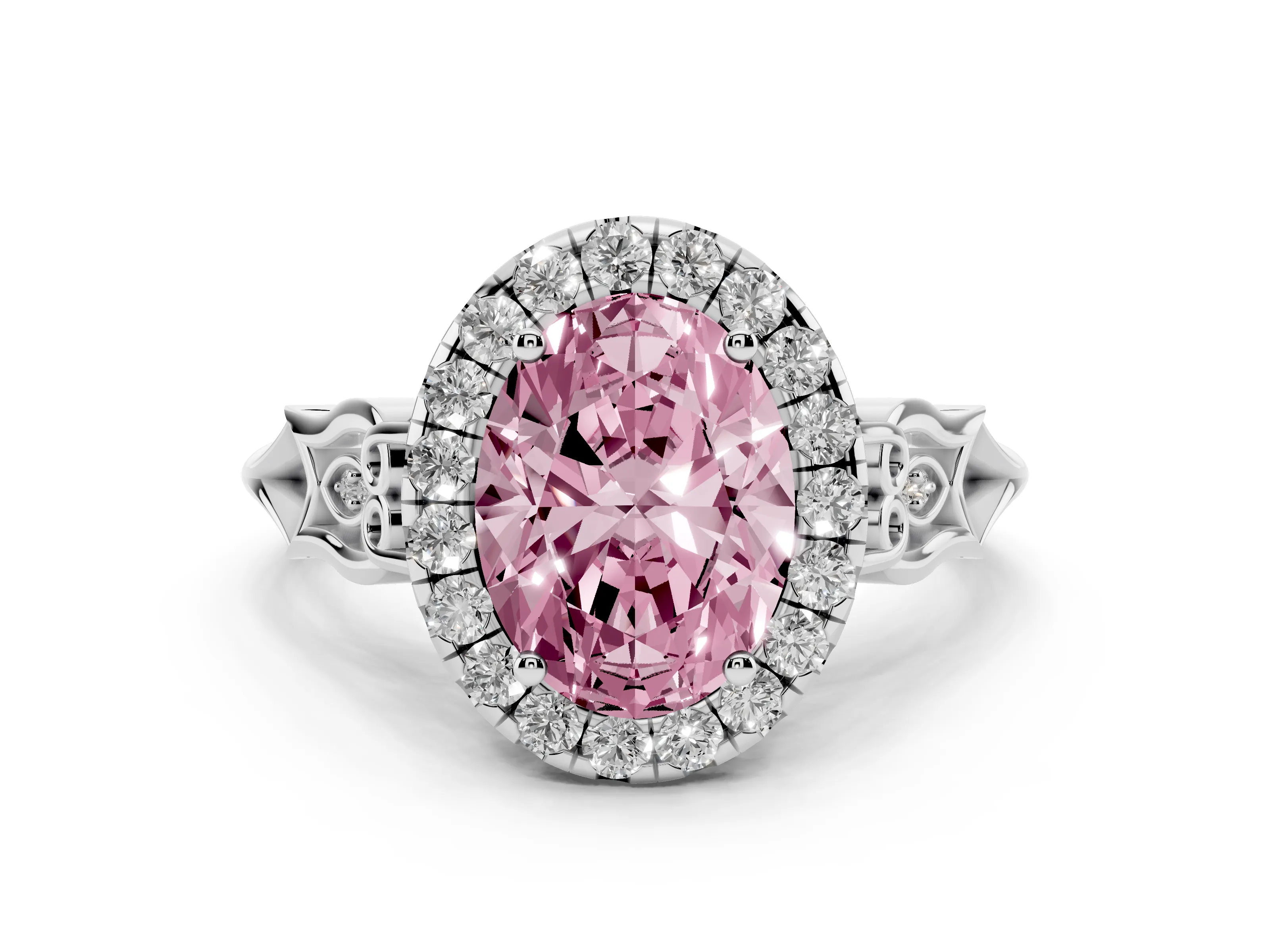 Fancy Pink Oval Cut Diamond Halo Engagement Ring Set in Platinum with Filigree Band and Prong-Set Center