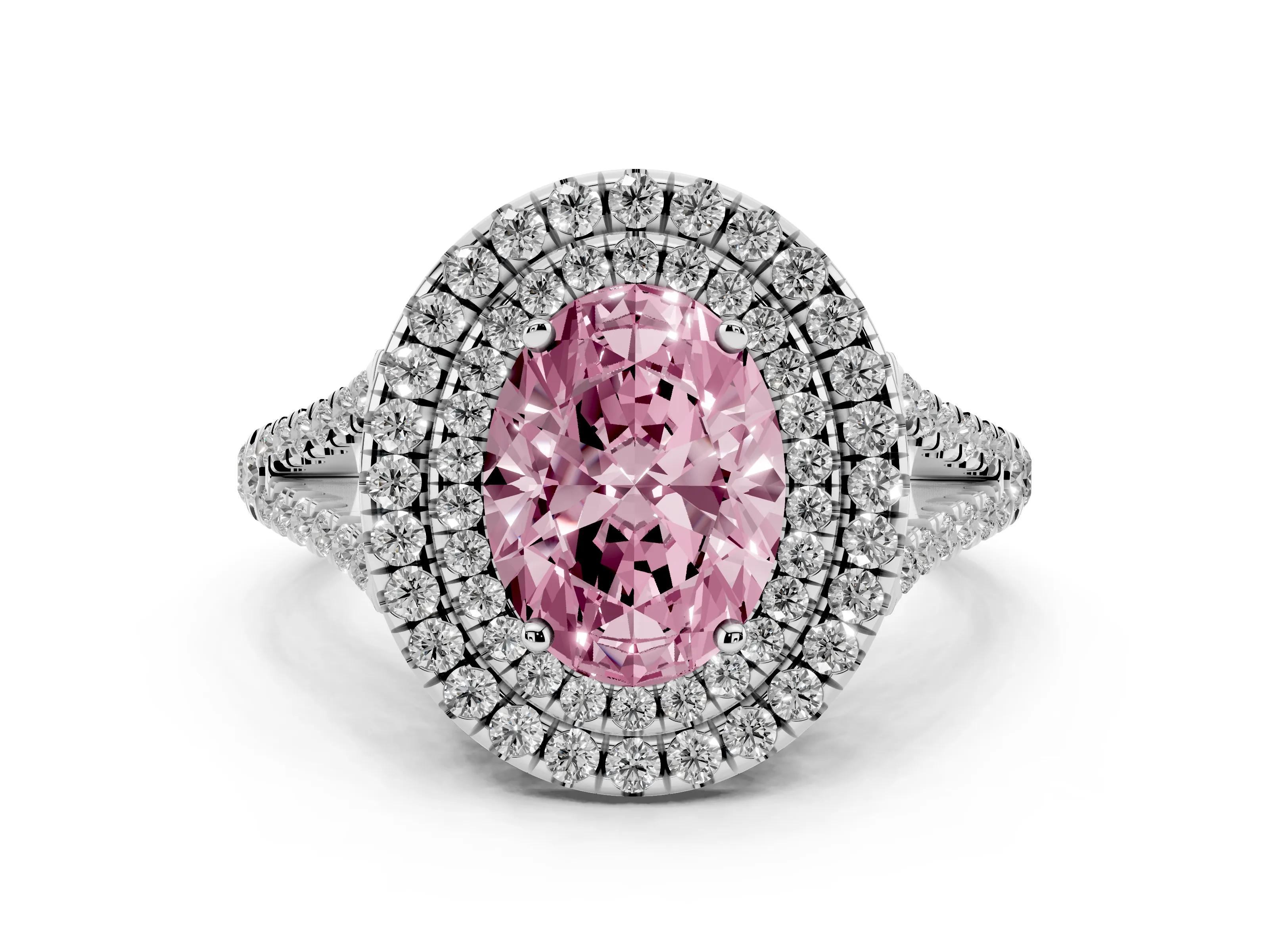 Fancy Pink Oval Cut Diamond Double Halo Ring Set in White gold with Pavé Band