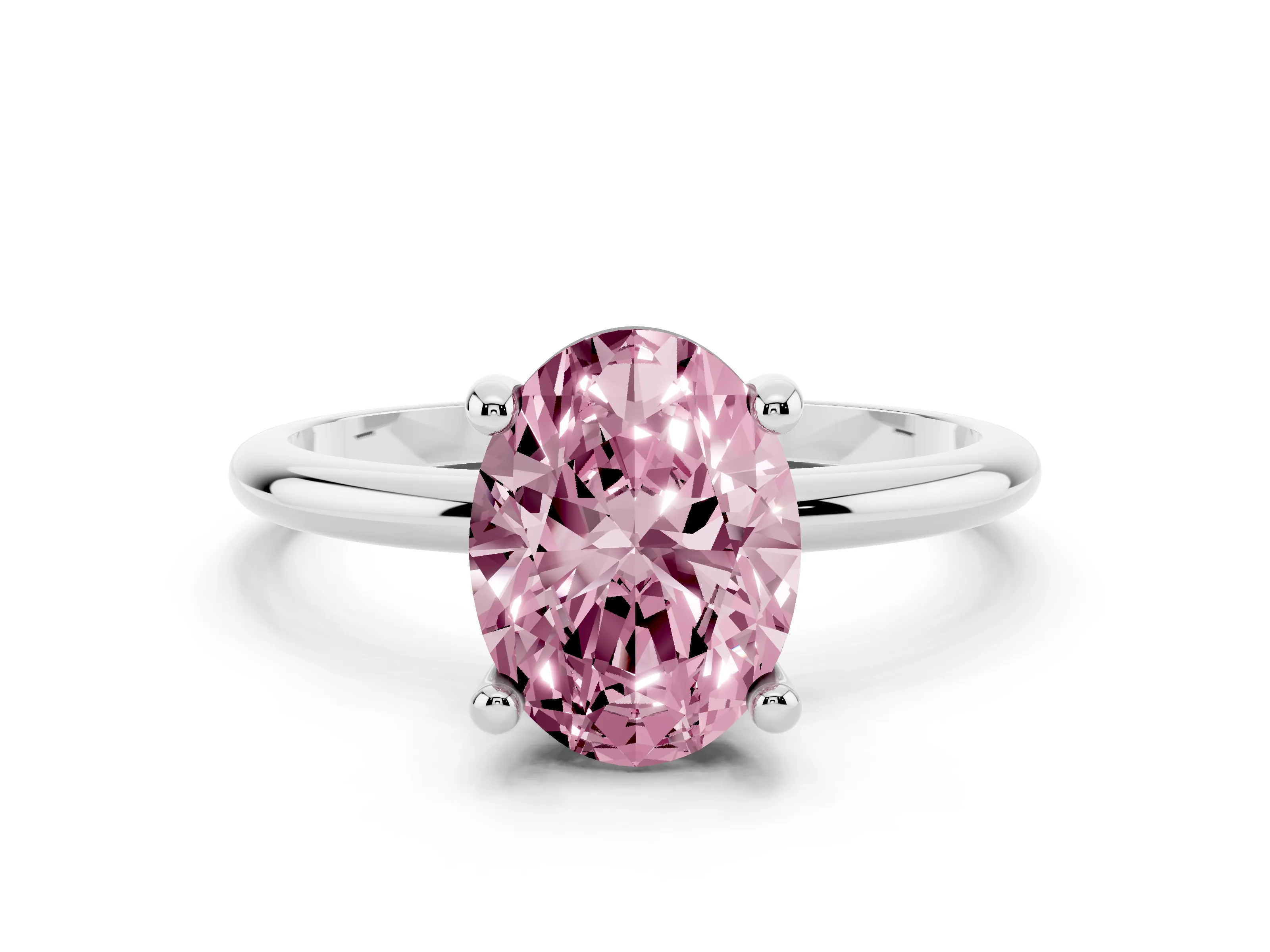Fancy Pink Oval Cut Diamond Solitaire Ring Set in Platinum with Secure Prong Setting on a Classic Band