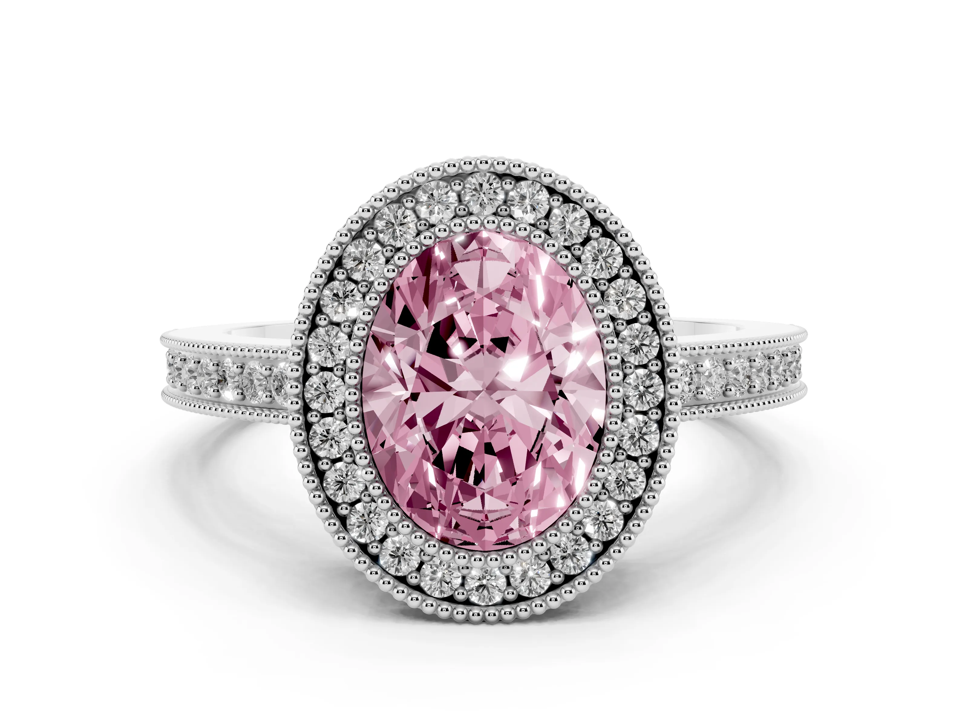 Fancy Pink Oval Cut Diamond Round Halo Ring Set in White gold with Pavé Band