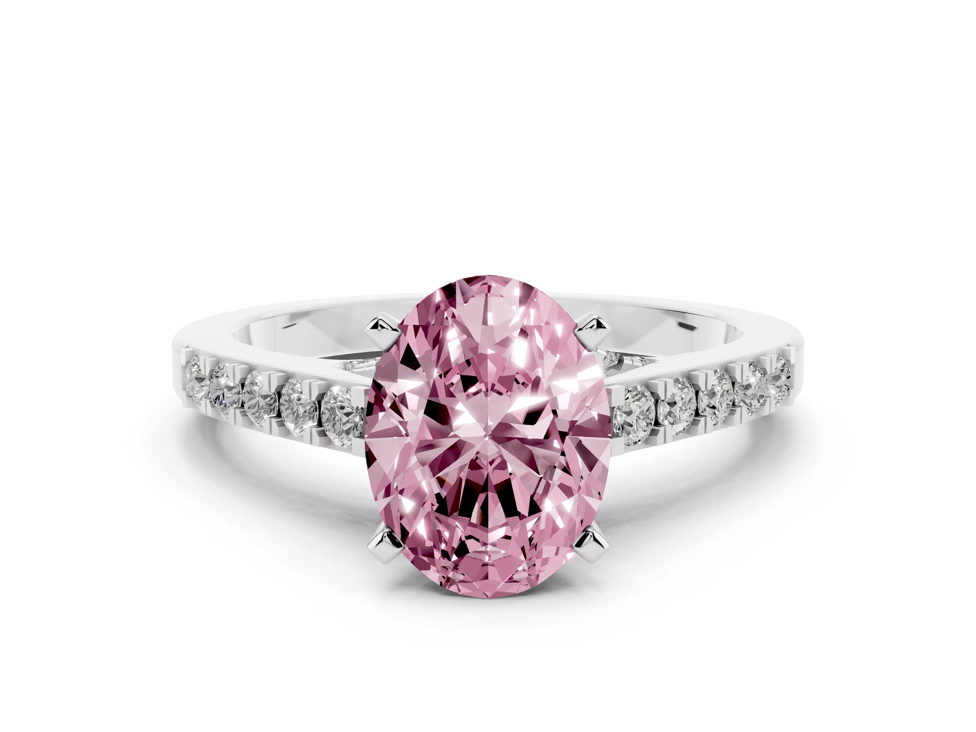 Fancy Pink Oval Cut Diamond Solitaire Ring Set in Platinum with Crossover Gallery and Round Pavé Band