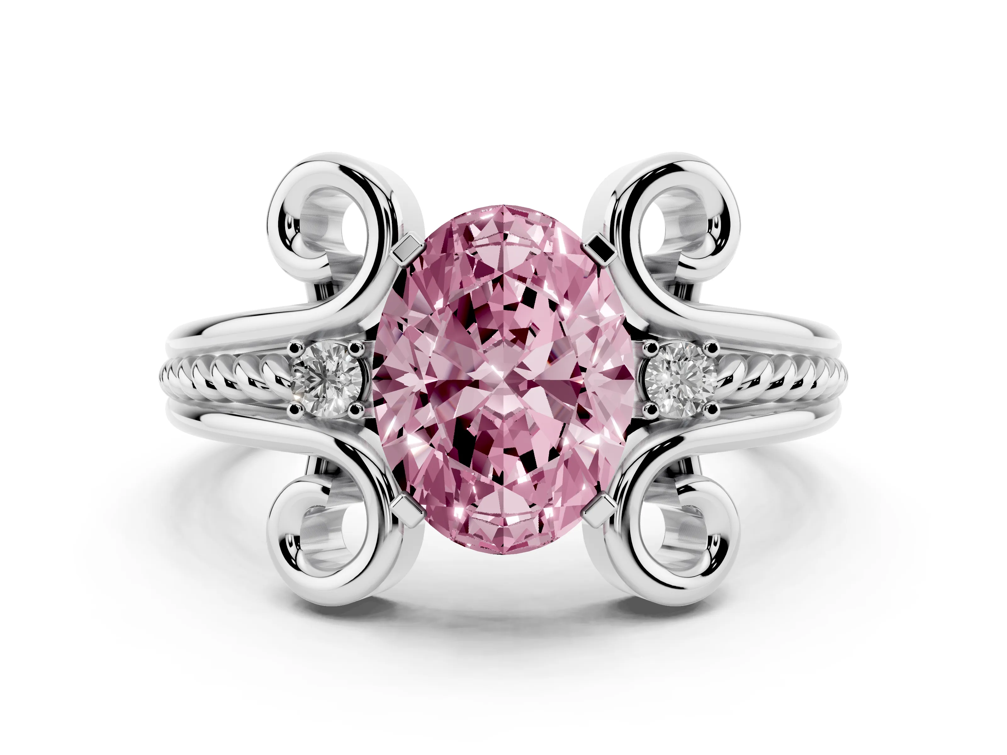 Fancy Pink Oval Cut Diamond Twisted Band Solitaire Ring Set in Platinum with Scroll Prongs