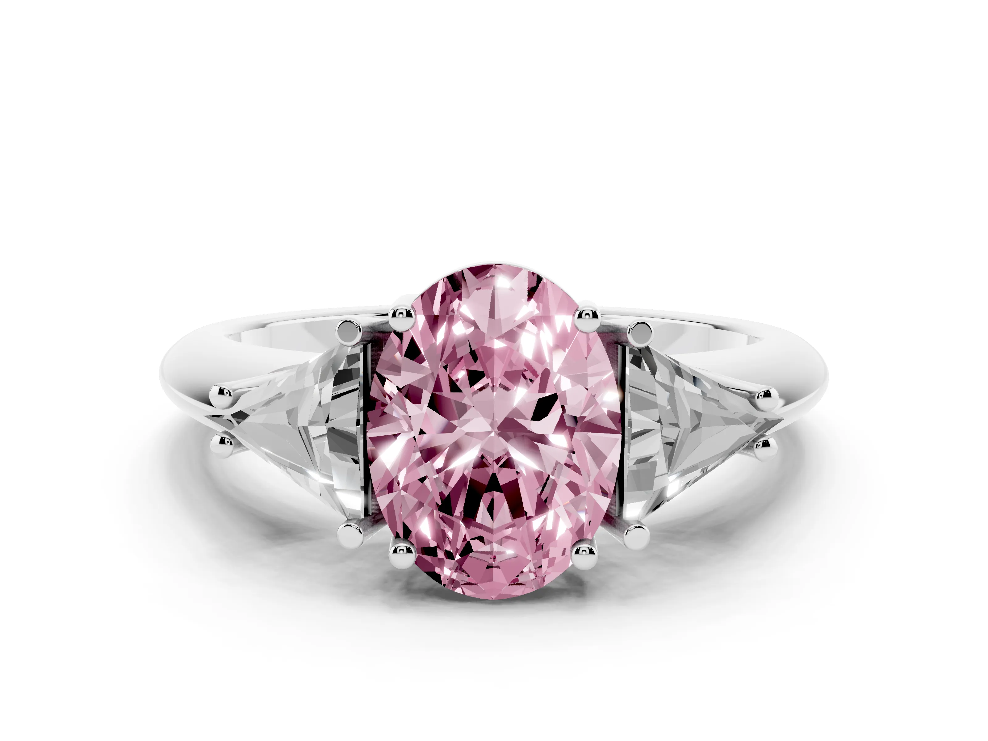 Fancy Pink Oval Cut Diamond Three-Stone Engagement Ring Set in Silver with Trillion Side Stones