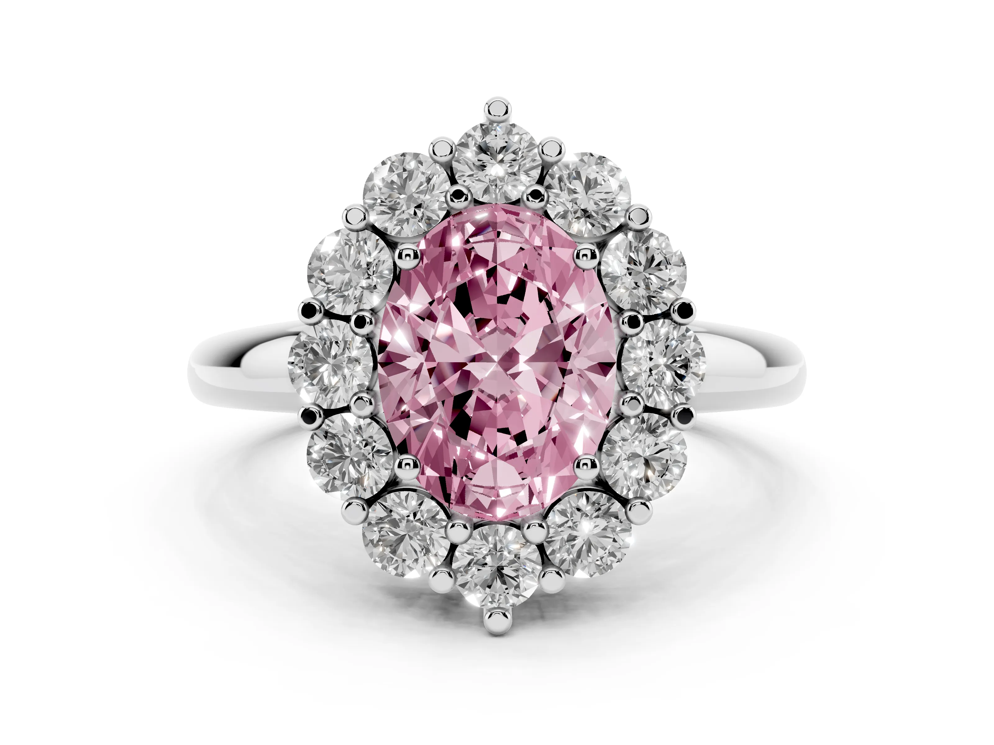 Fancy Pink Oval Cut Diamond Halo Cluster Engagement Ring Set in Silver with Polished Band and Prong Setting