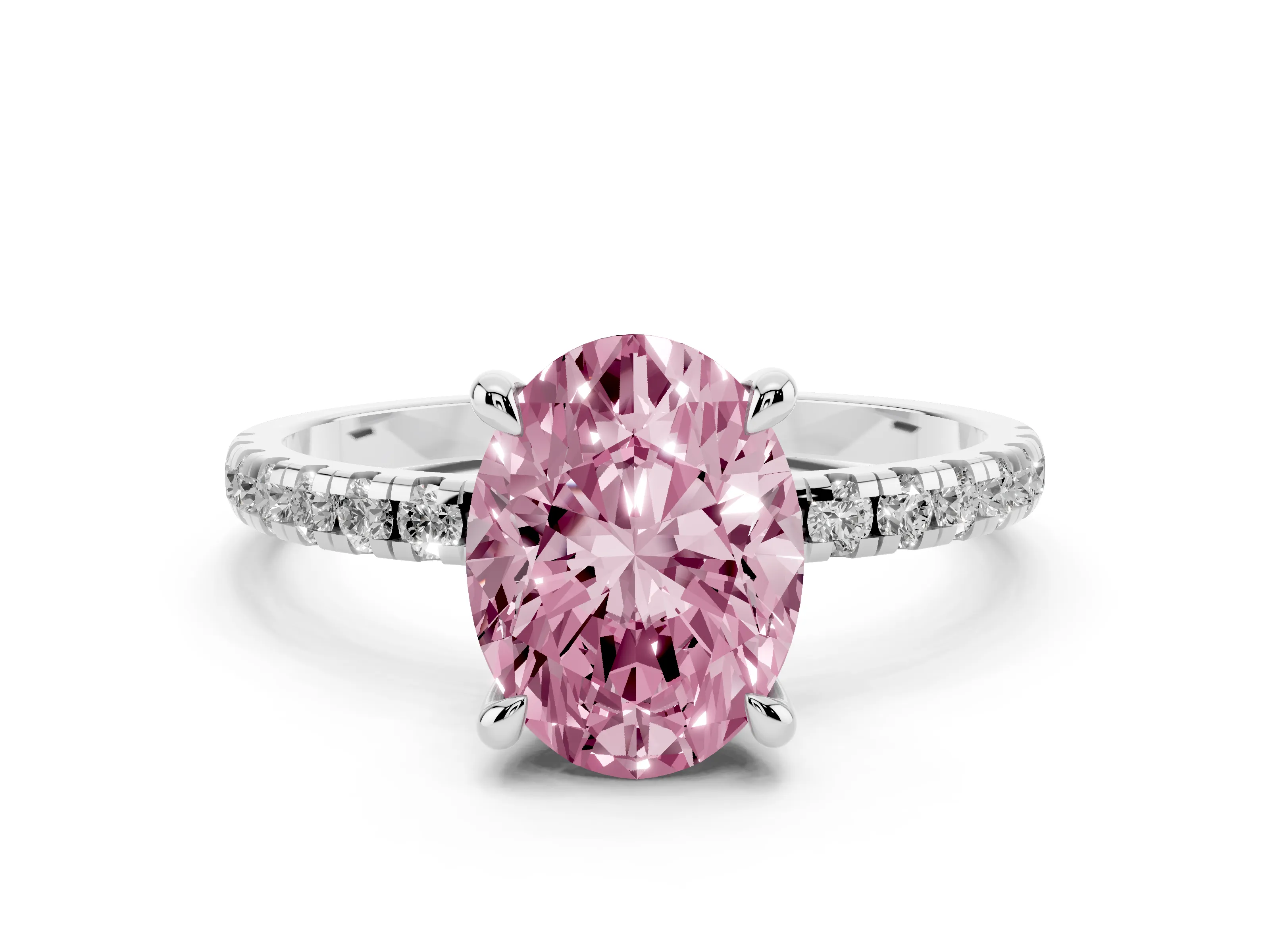 Fancy Pink Oval Cut Diamond Brilliant Solitaire Ring Set in White gold with Pavé Band and Prong Setting