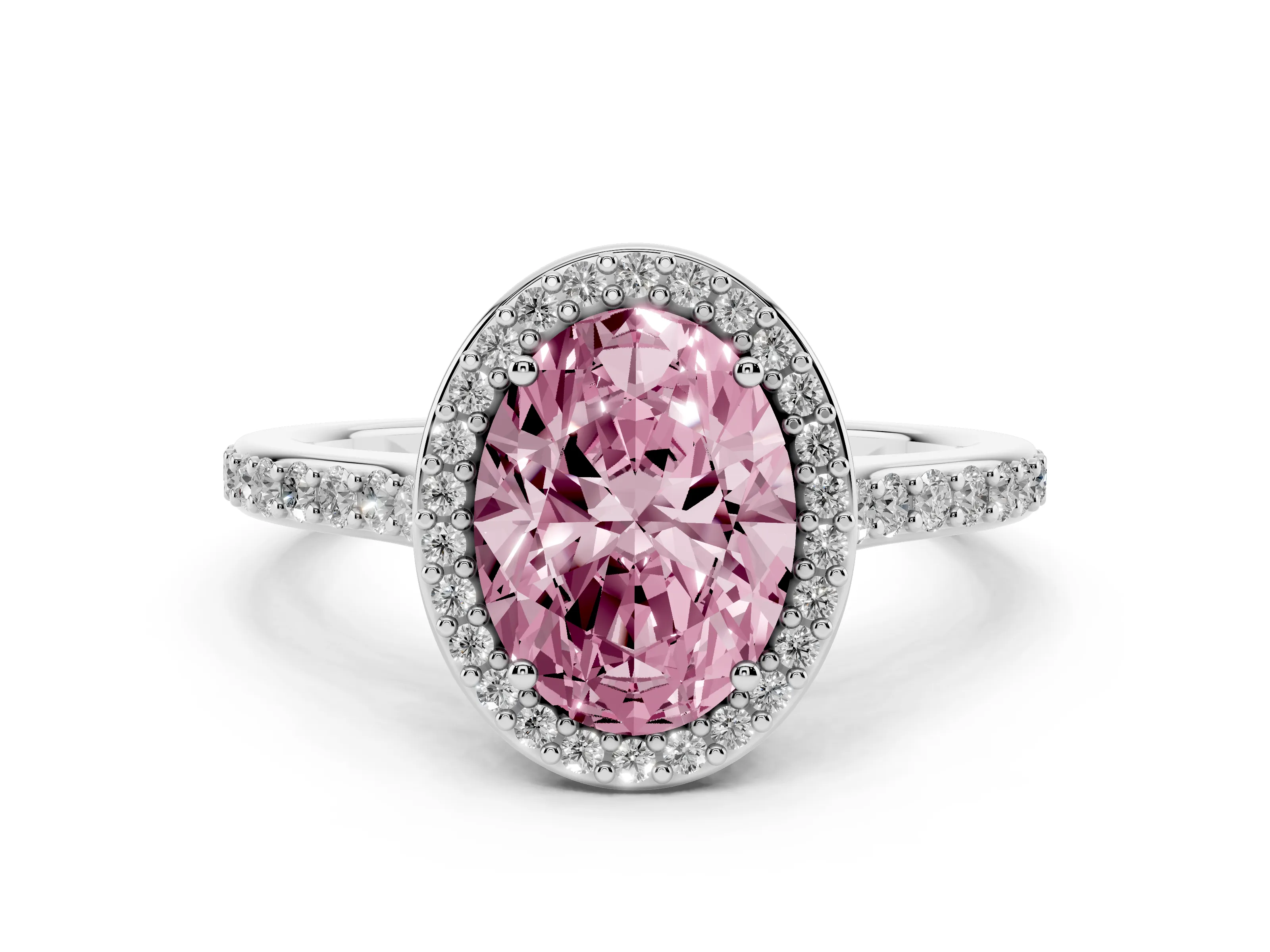 Fancy Pink Oval Cut Diamond Halo Engagement Ring Set in Platinum with Round Pavé Shoulders and Heart Gallery