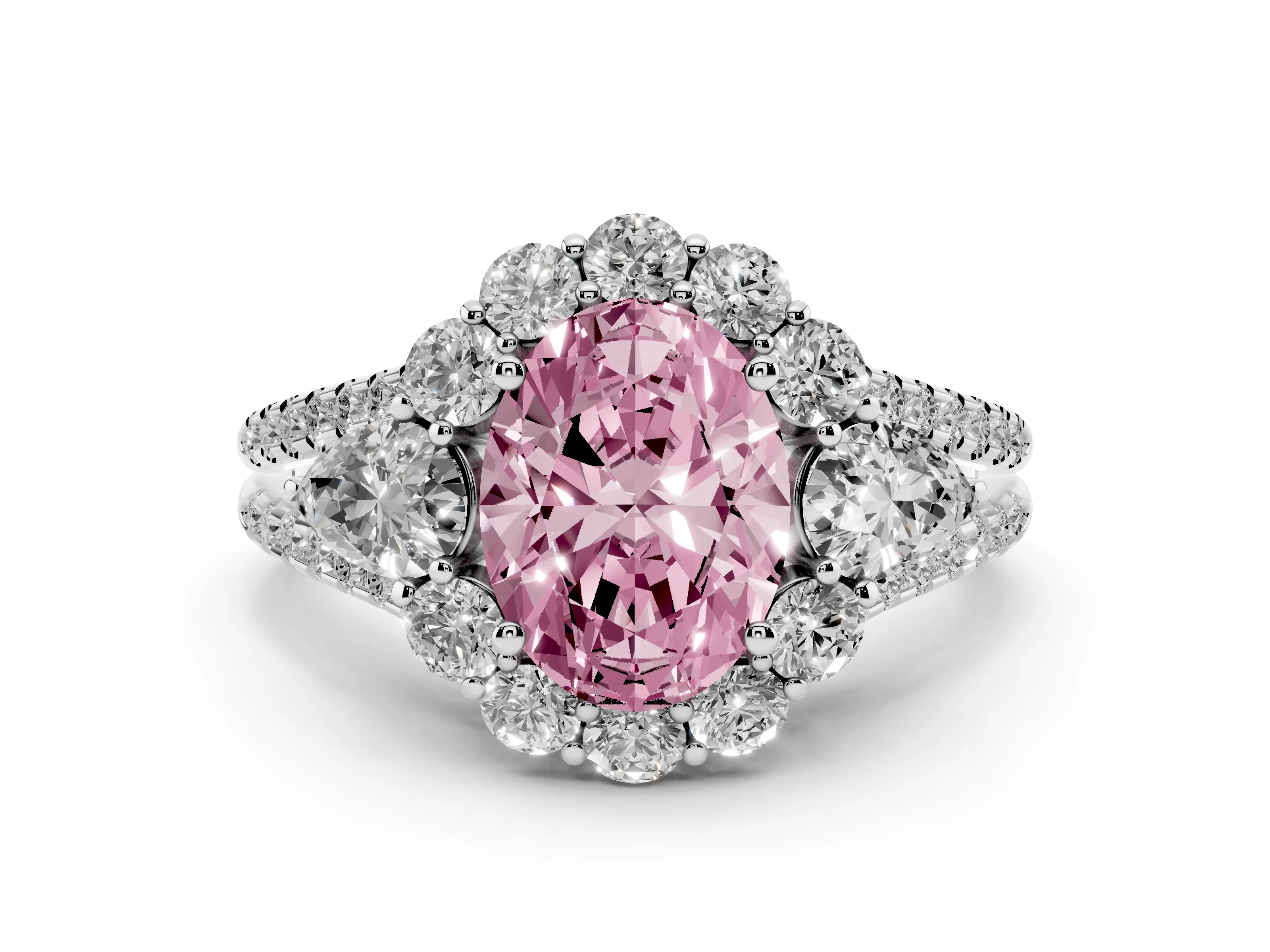 Fancy Pink Oval Cut Diamond Halo Split Shank Engagement Ring Set in Silver with Prong-Held Center Stone