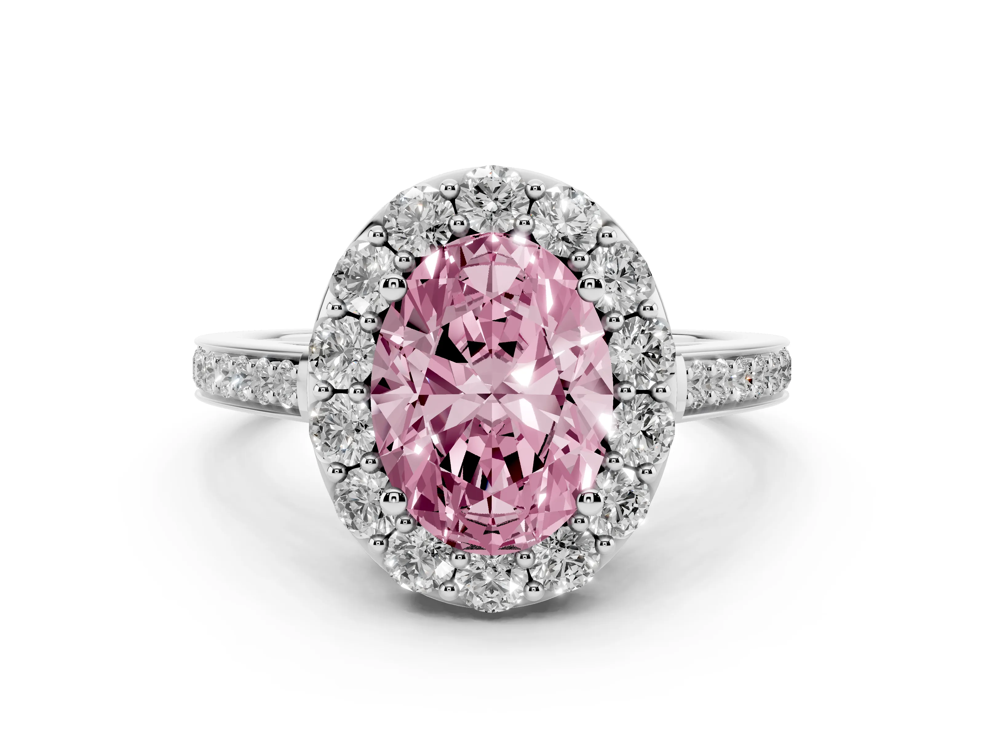 Fancy Pink Oval Cut Diamond Floral Halo Ring Set in White gold with Pavé Band and Prong Setting