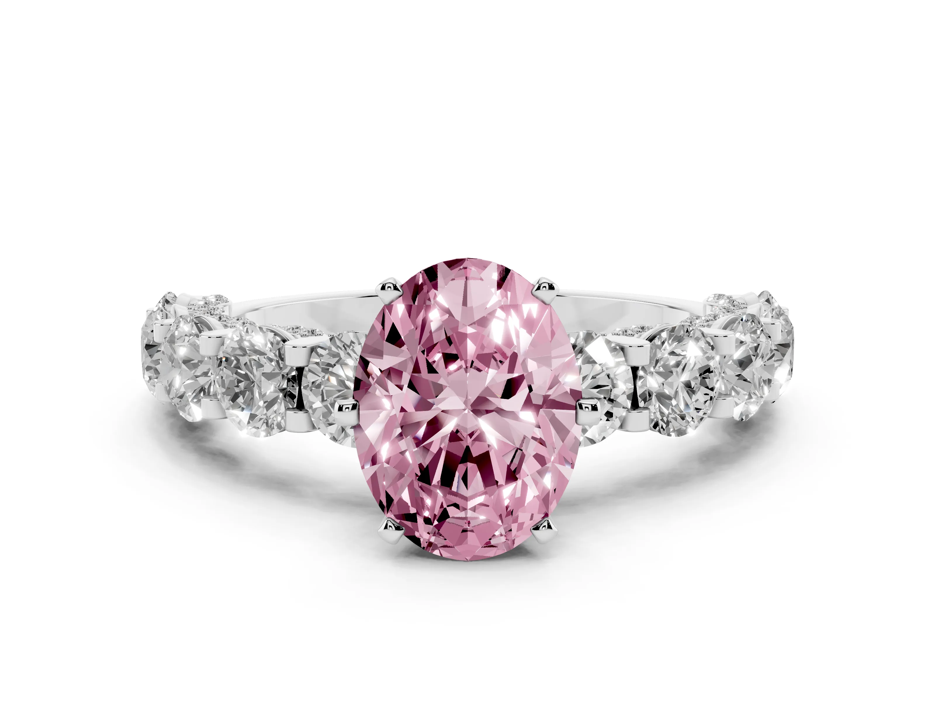 Fancy Pink Oval Cut Diamond Side Stone Ring Set in Platinum with Alternating Round and Oval Side Stones