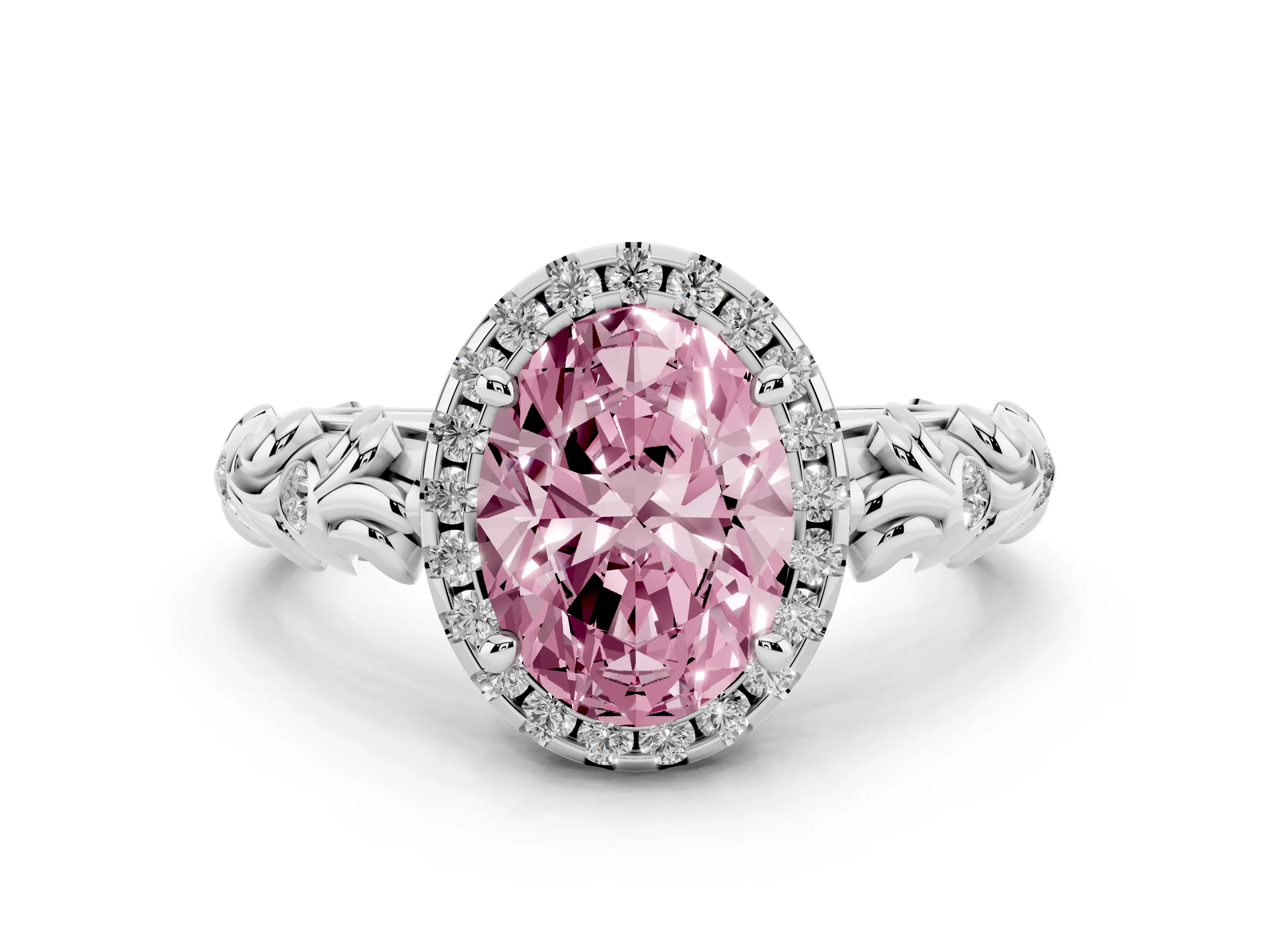 Fancy Pink Oval Cut Diamond Halo Ring Set in Platinum with Filigree Leaf Band and Prong Setting