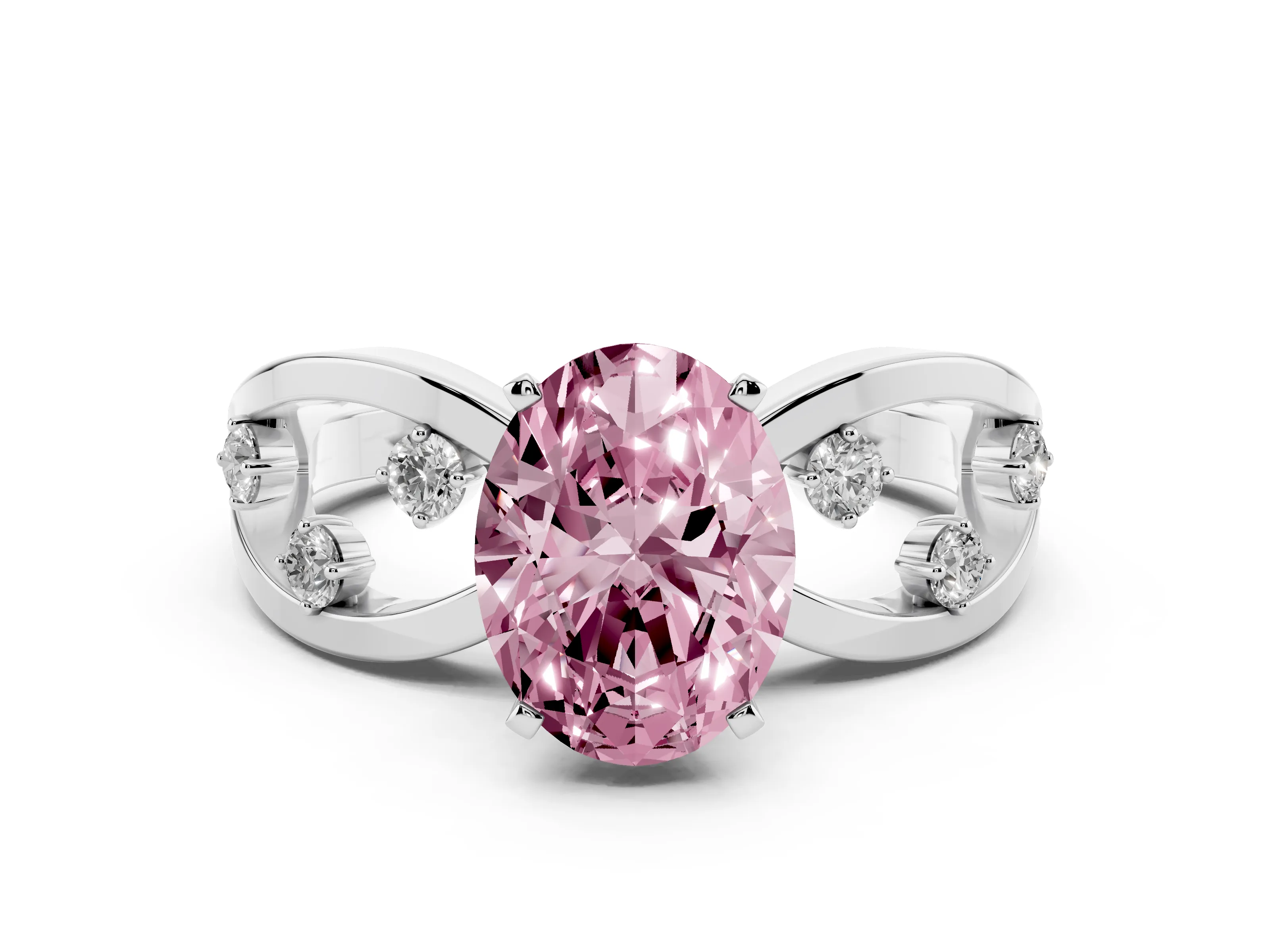 Fancy Pink Oval Cut Diamond Solitaire Ring Set in White gold with Side Stones on Criss-Cross Band and Prong Setting