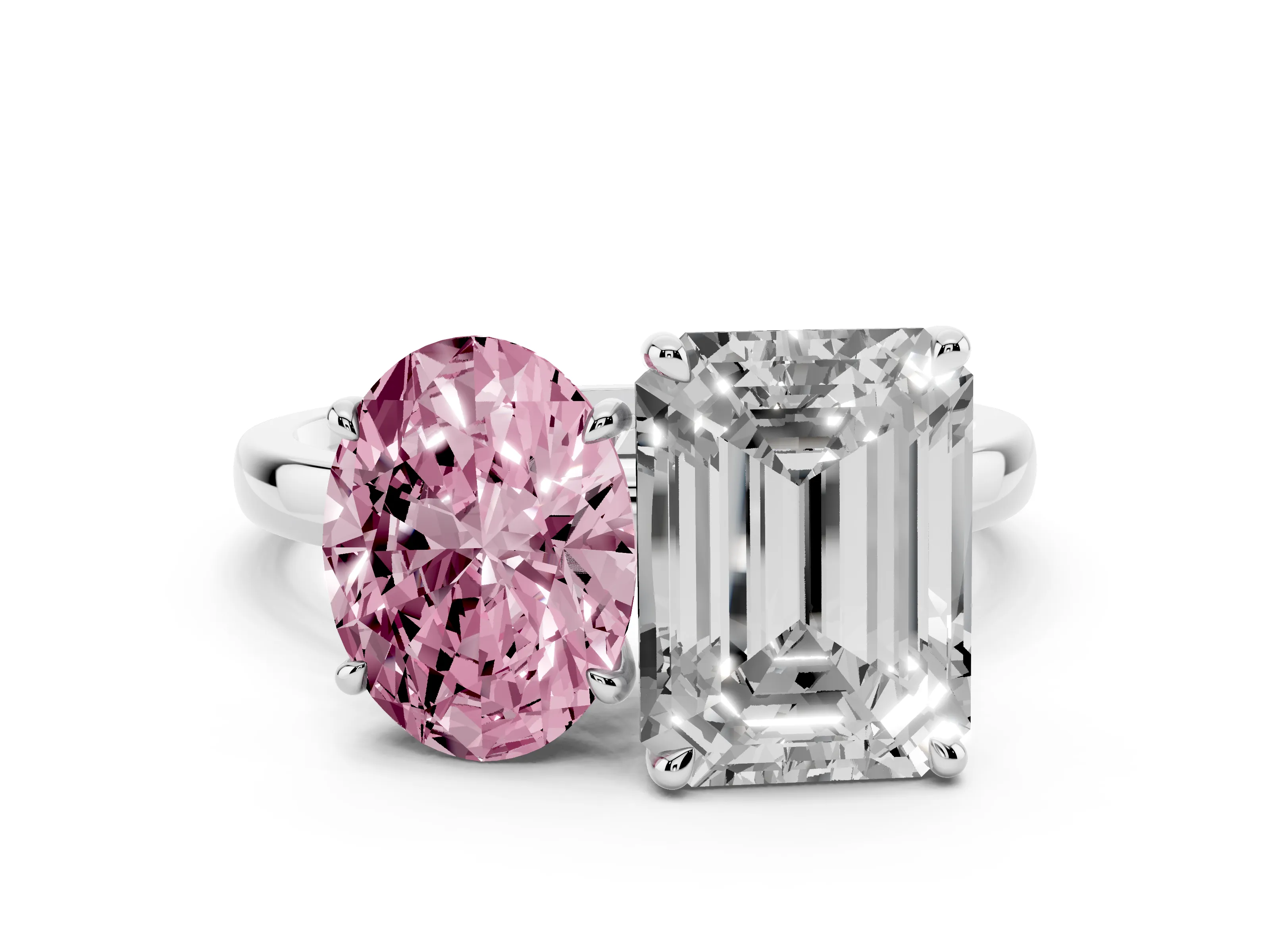 Fancy Pink Oval Cut and Emerald Cut Toi Moi Ring Set in Platinum with Prong Setting