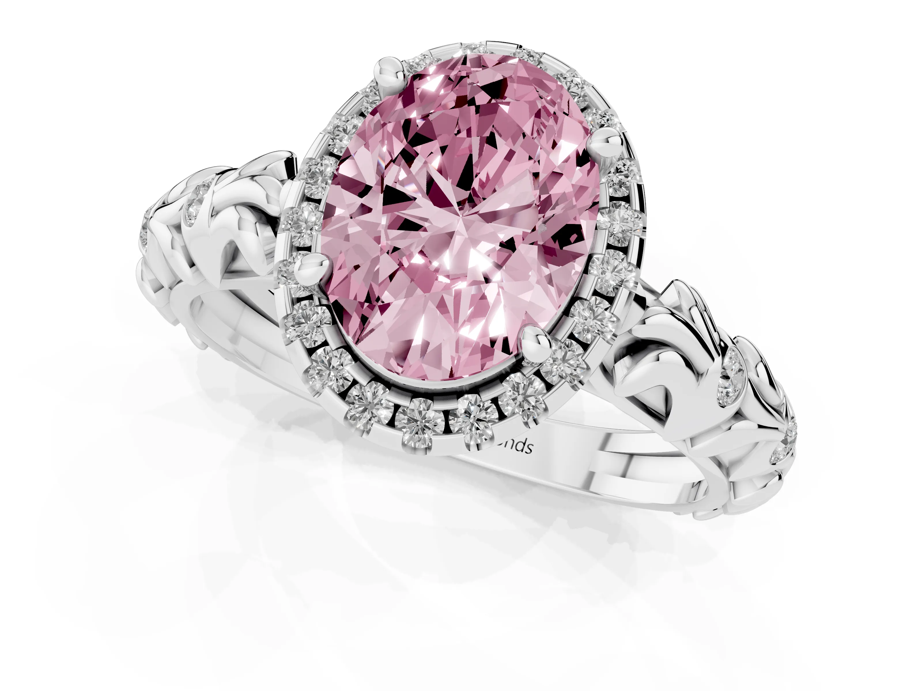 Fancy Pink Oval Cut Diamond Halo Ring Set in Platinum with Filigree Leaf Band and Prong Setting – second view