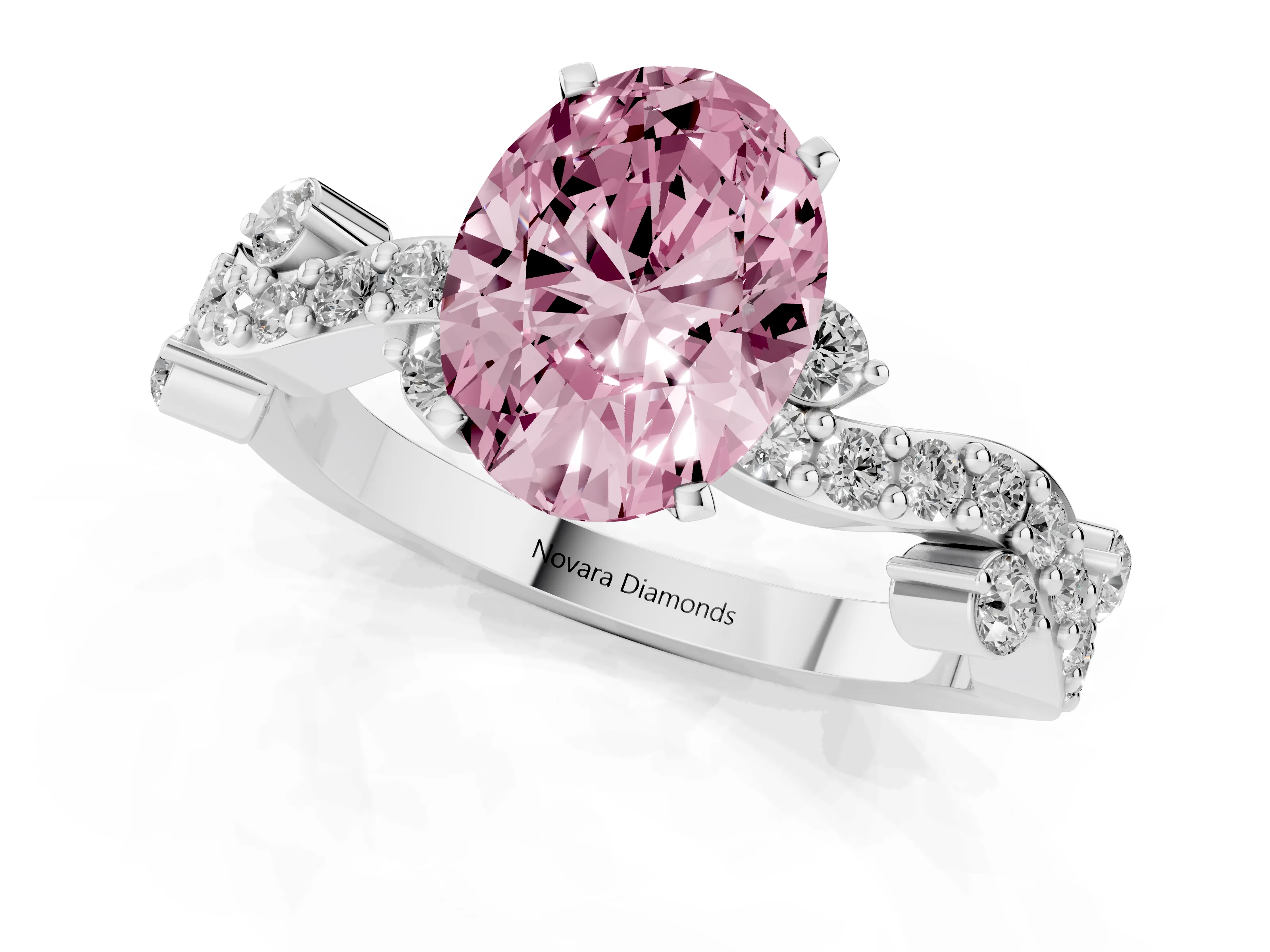 Fancy Pink Oval Cut Diamond Solitaire Twisted Band Set in White gold with Pavé Setting