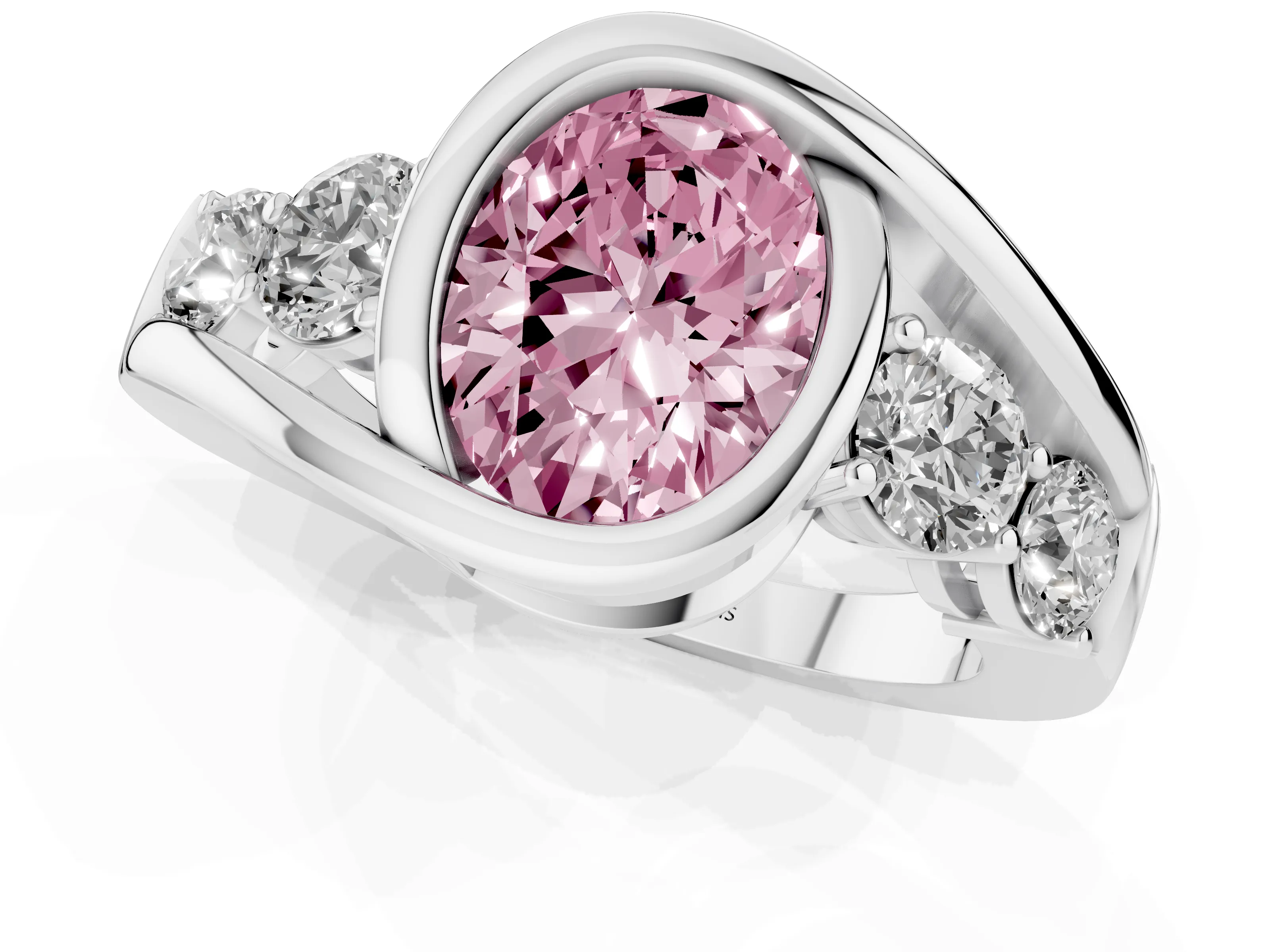 Fancy Pink Oval Cut Diamond Bezel Bypass Ring Set in Silver with Round Accents
