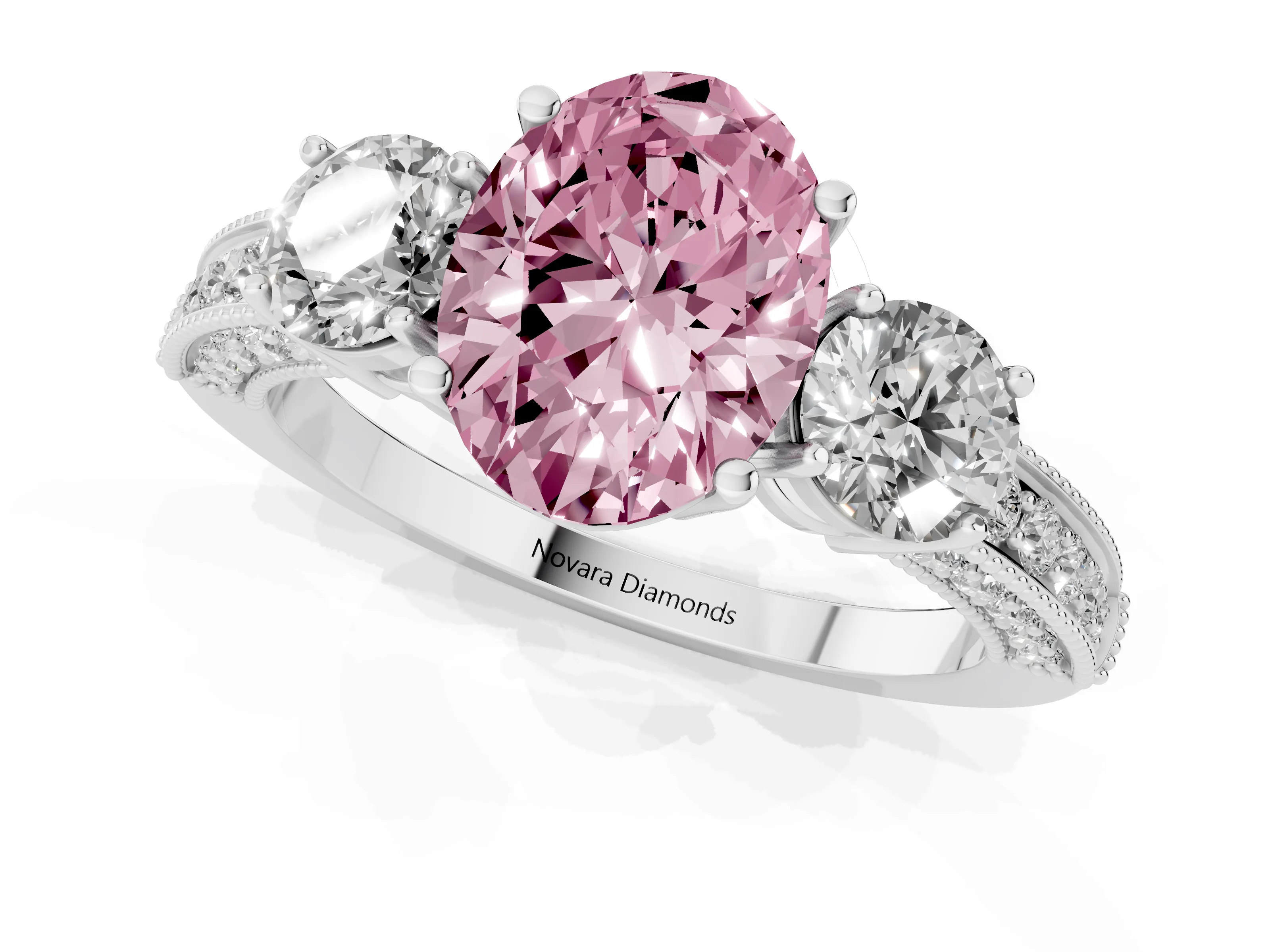 Fancy Pink Oval Cut Diamond Three-Stone Ring Set in Silver with Round Side Stones and Pavé Band