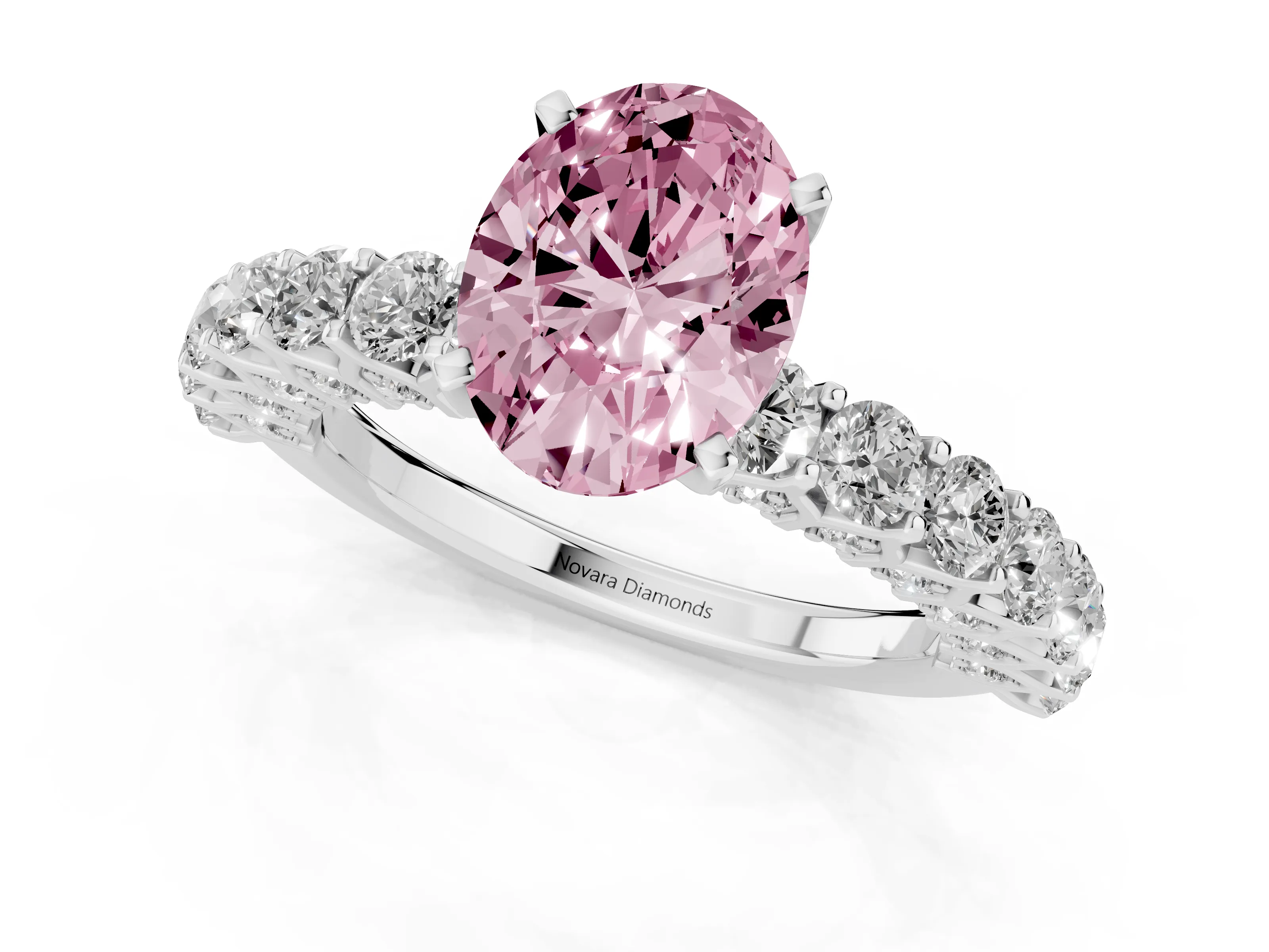 Fancy Pink Oval Cut Diamond Solitaire Ring Set in Silver with Shared Prong Pavé Band