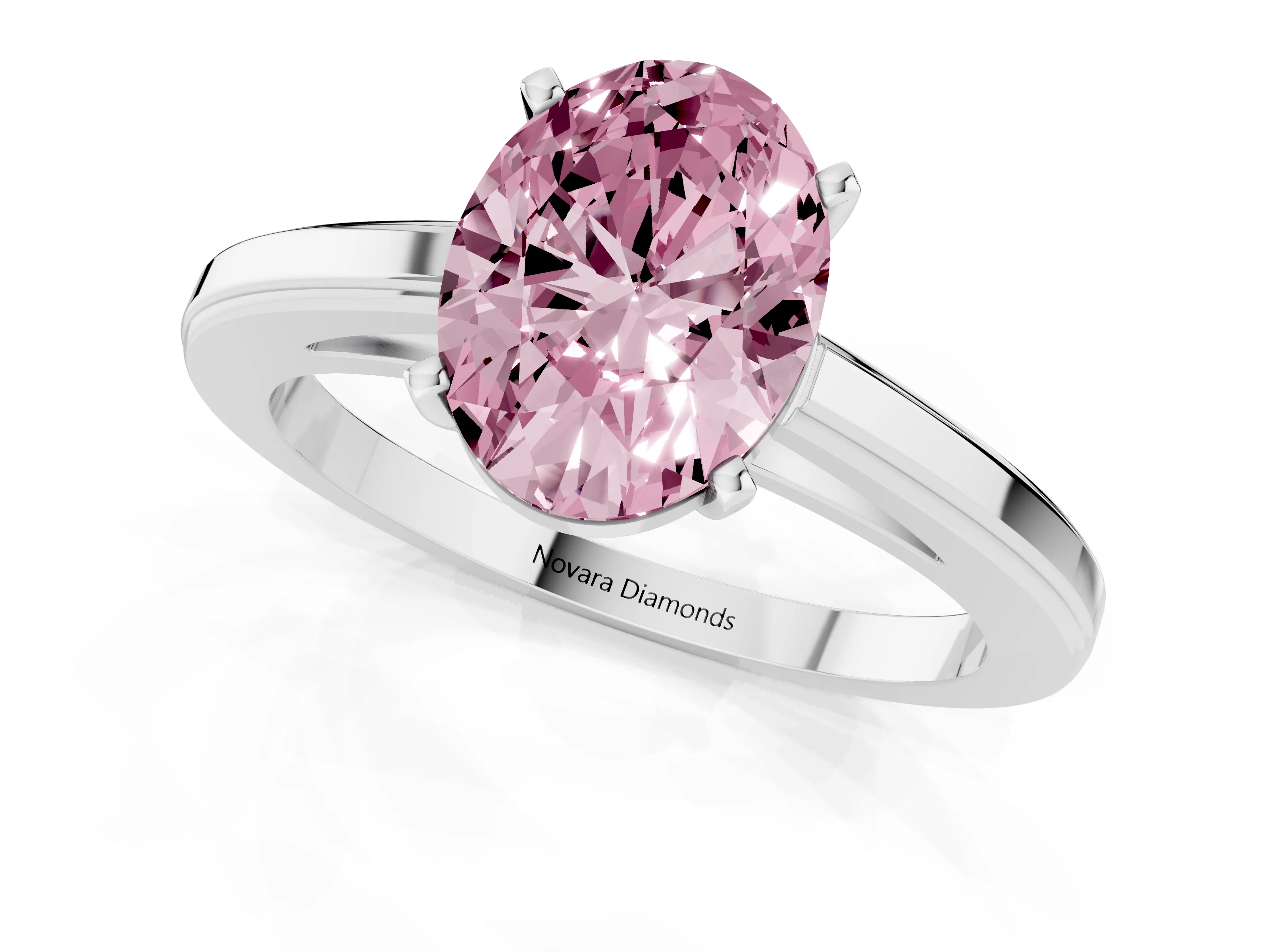 Fancy Pink Oval Cut Diamond Solitaire Ring Set in Platinum with Prong Setting and Classic Band