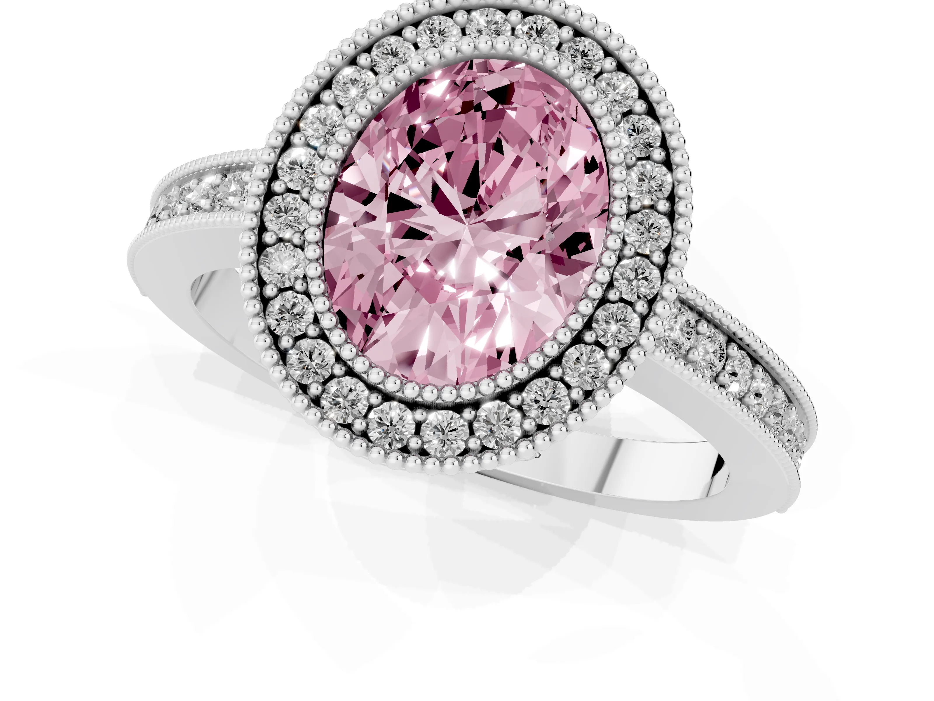 Fancy Pink Oval Cut Diamond Round Halo Ring Set in White gold with Pavé Band