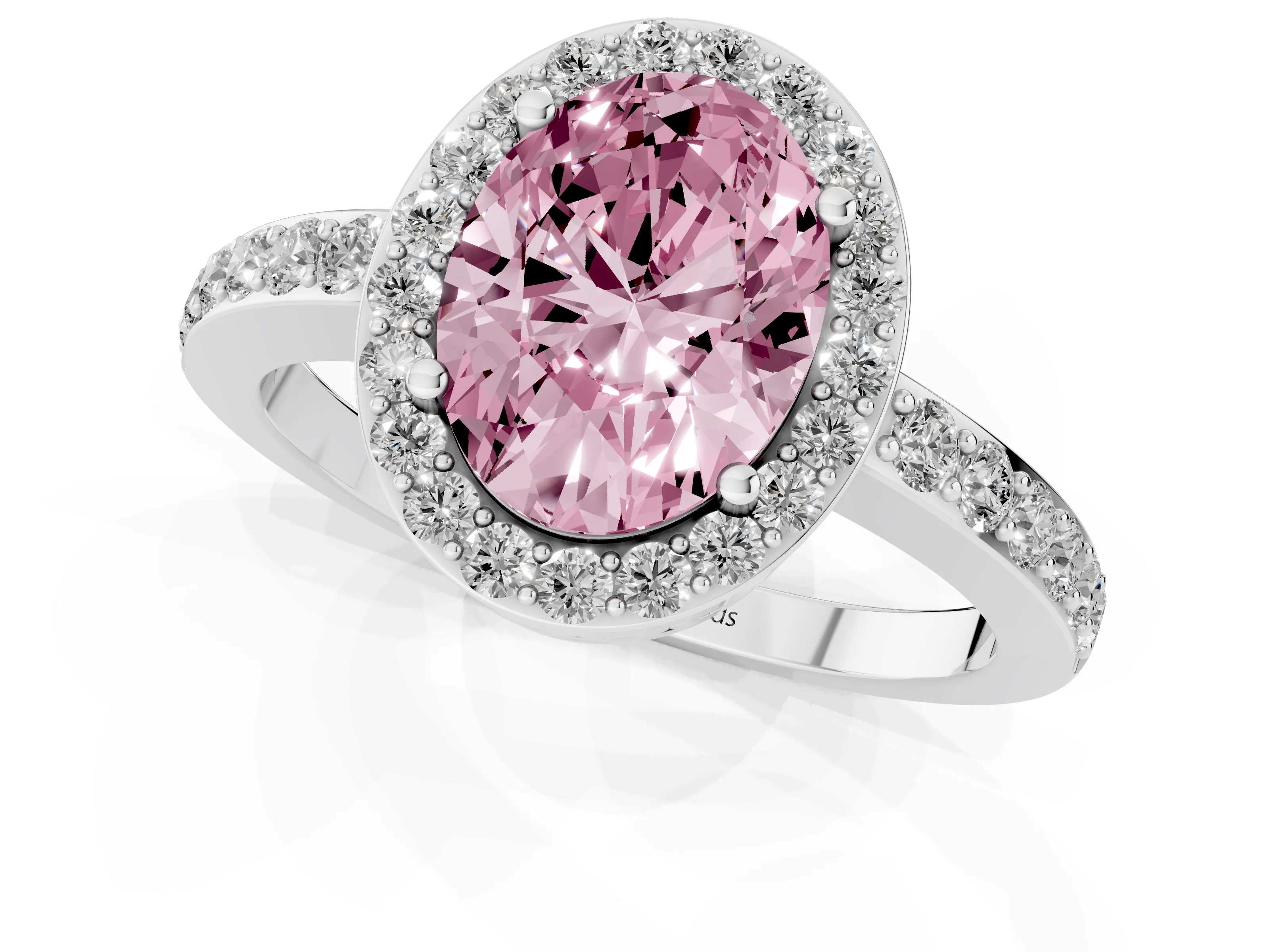 Fancy Pink Oval Cut Diamond Halo Ring Set in Platinum with Pavé-Setting Band and Open Prong Center – second view