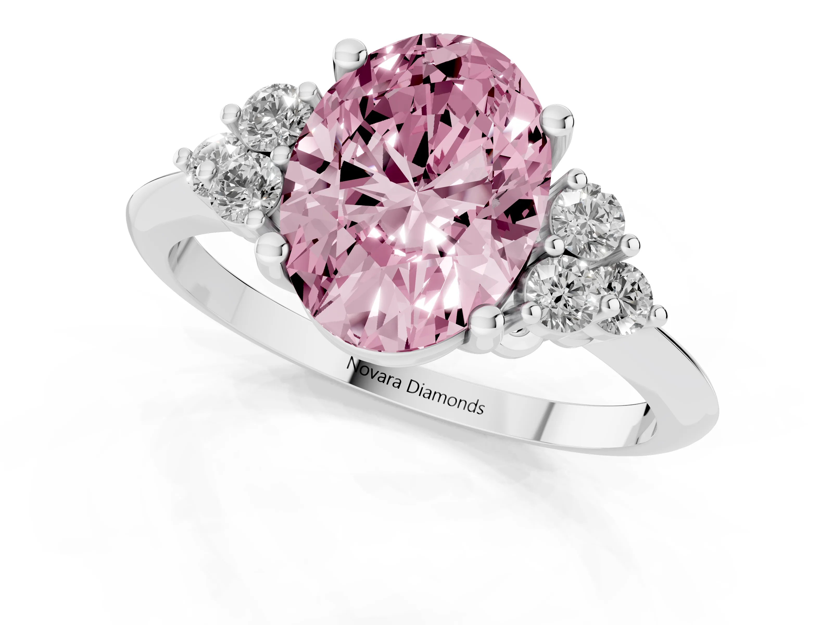 Fancy Pink Oval Cut Diamond Cluster Ring Set in Platinum with Plain Band and Prong Setting